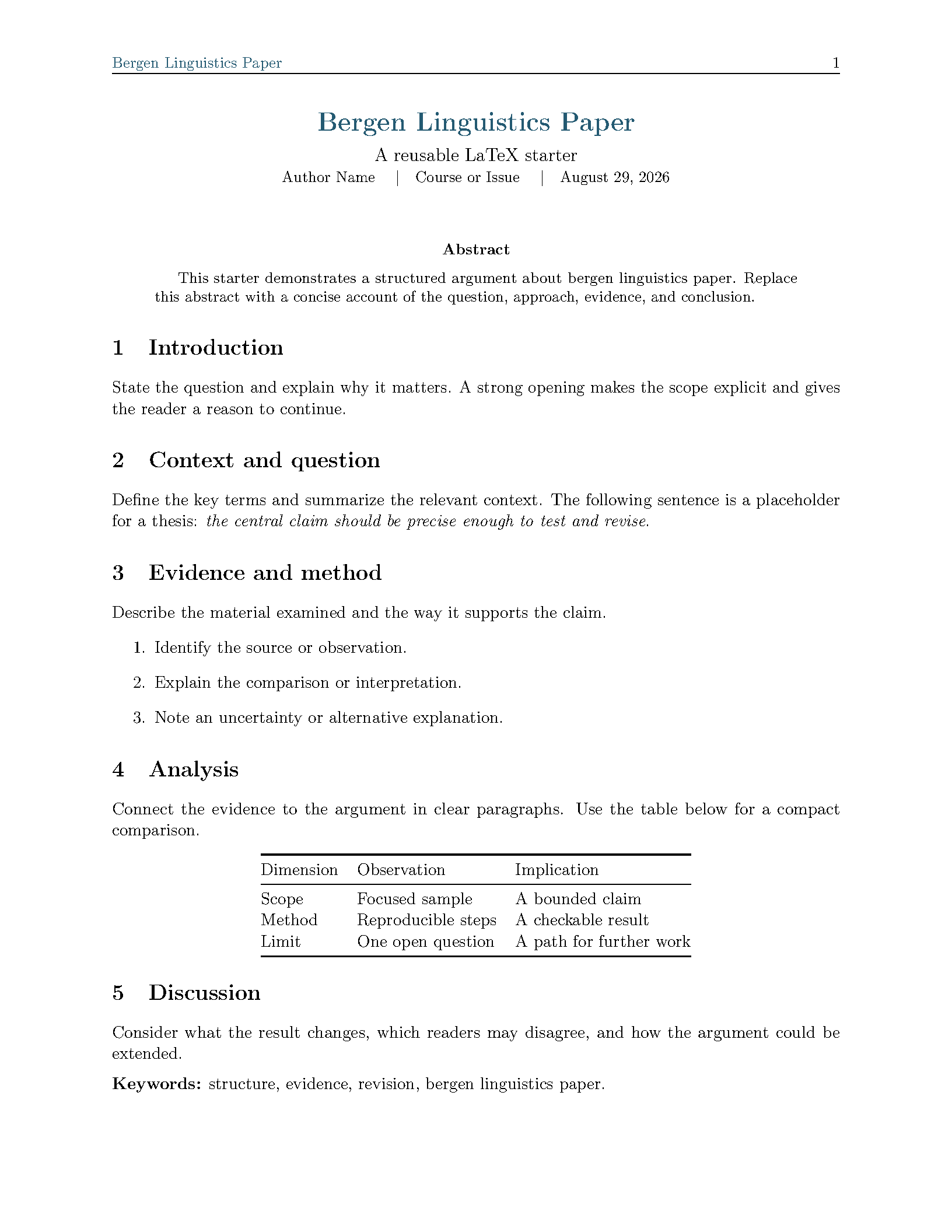 First page of Bergen Linguistics Paper