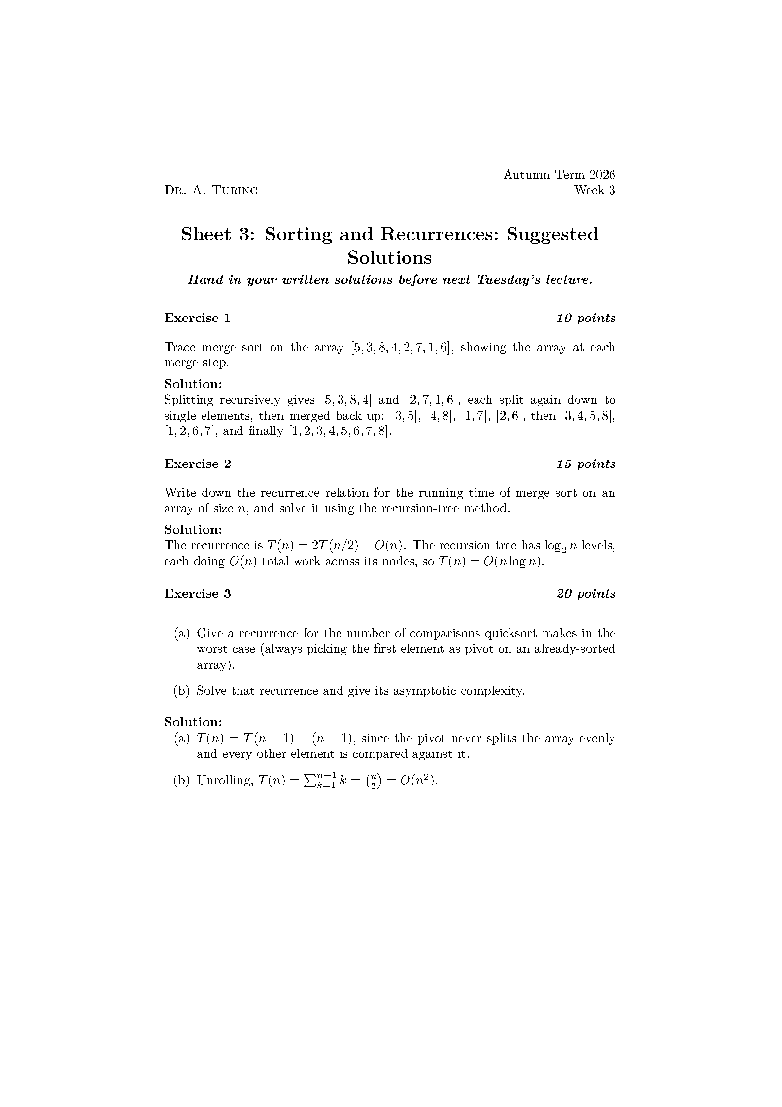 First page of exercisesheets