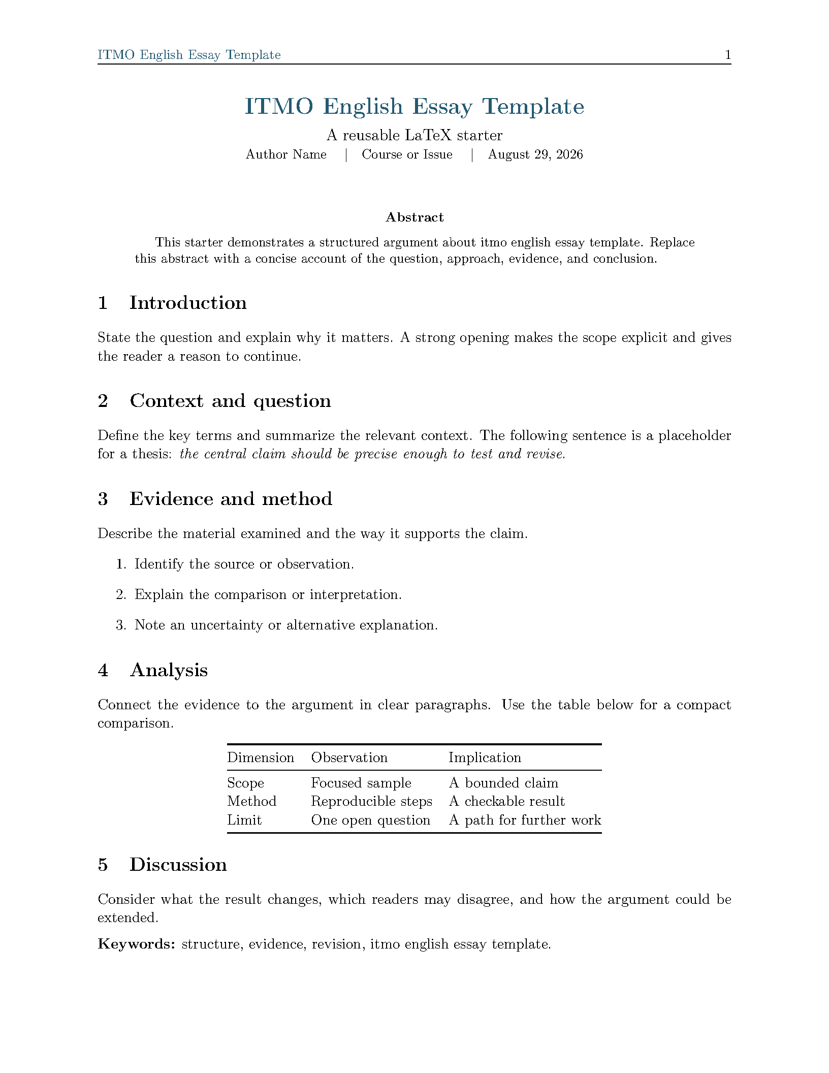 First page of ITMO English Essay Template