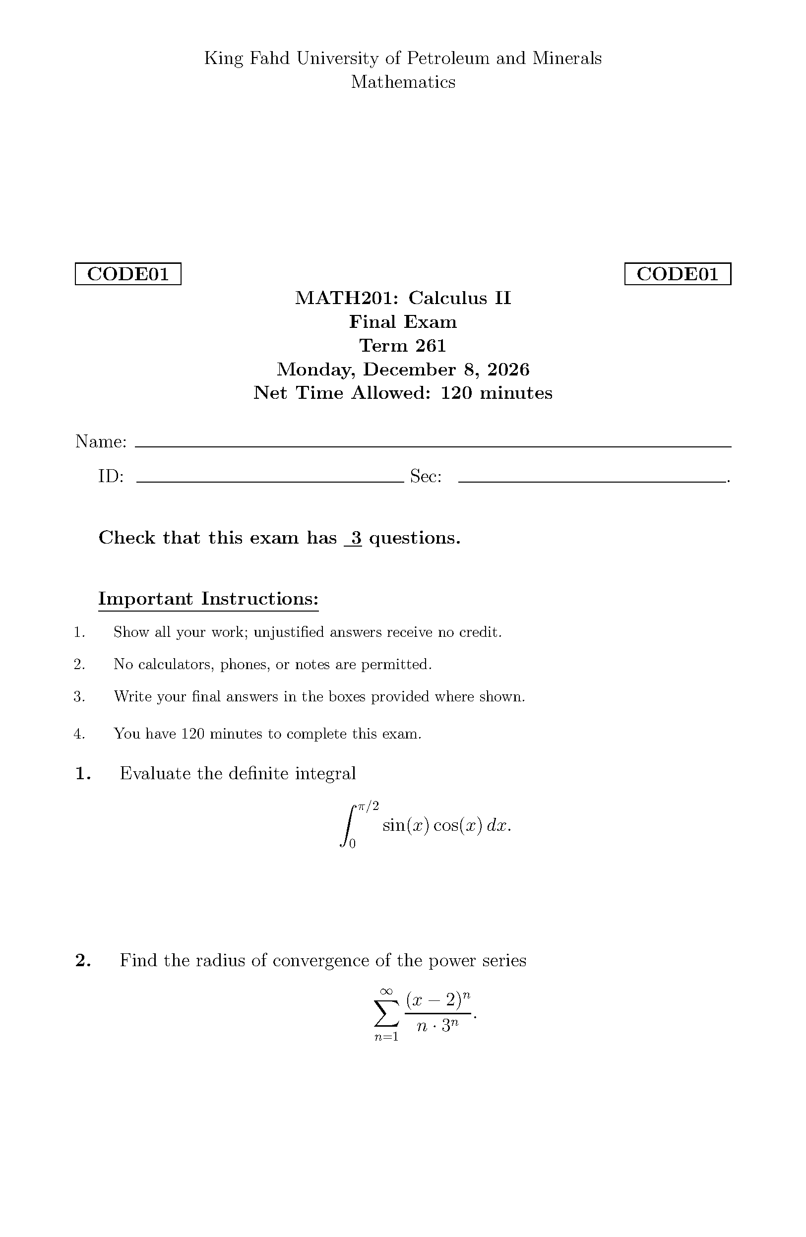 First page of KFUPM Math Exam