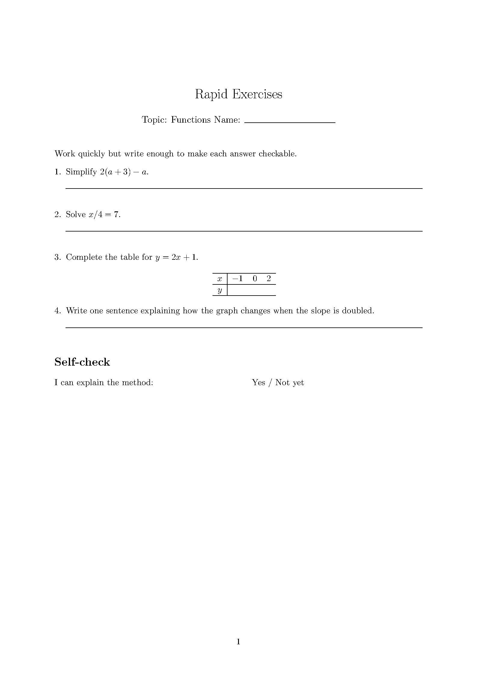 First page of Rapid Exercises Worksheet