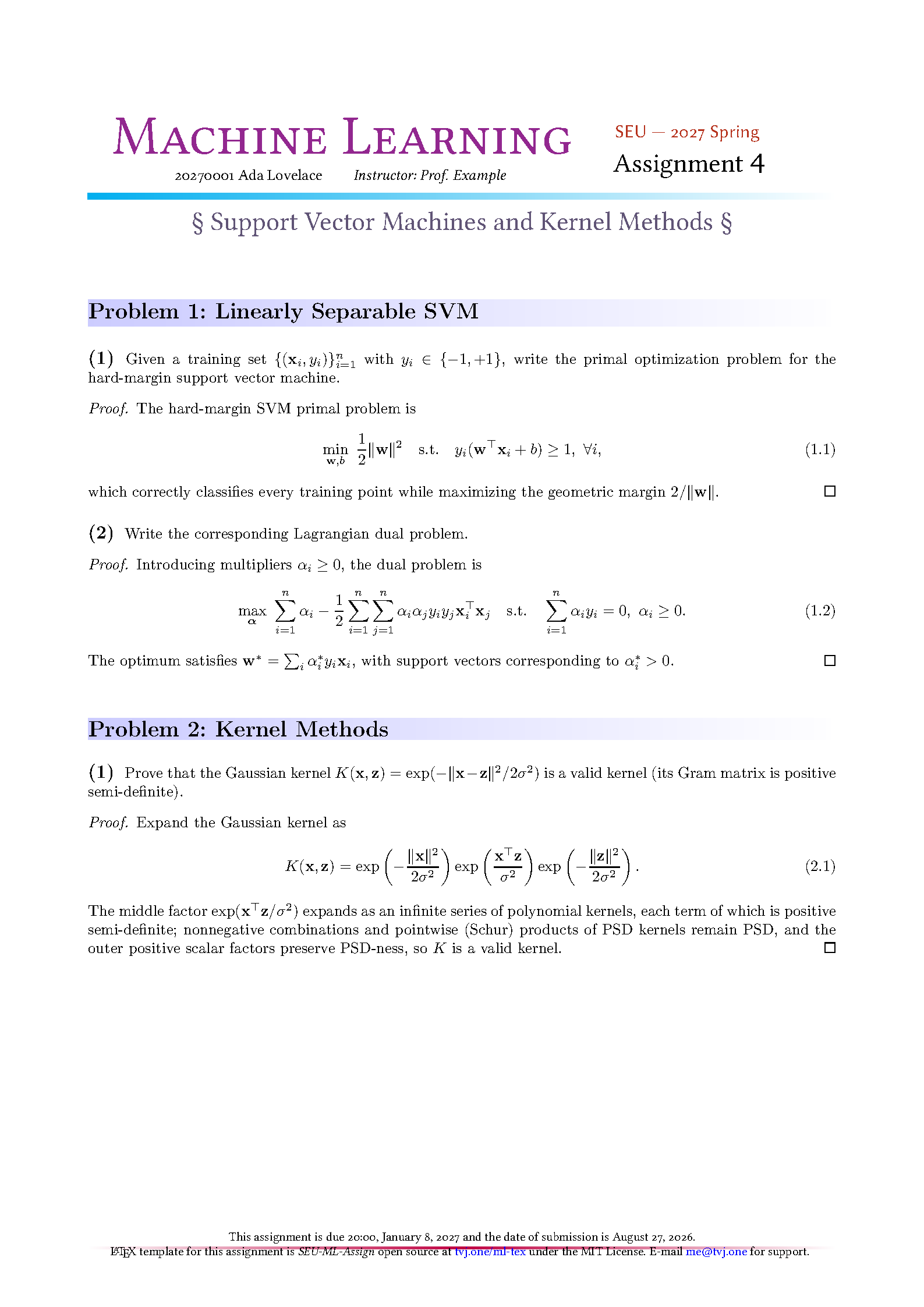 First page of SEU Machine Learning Assignment
