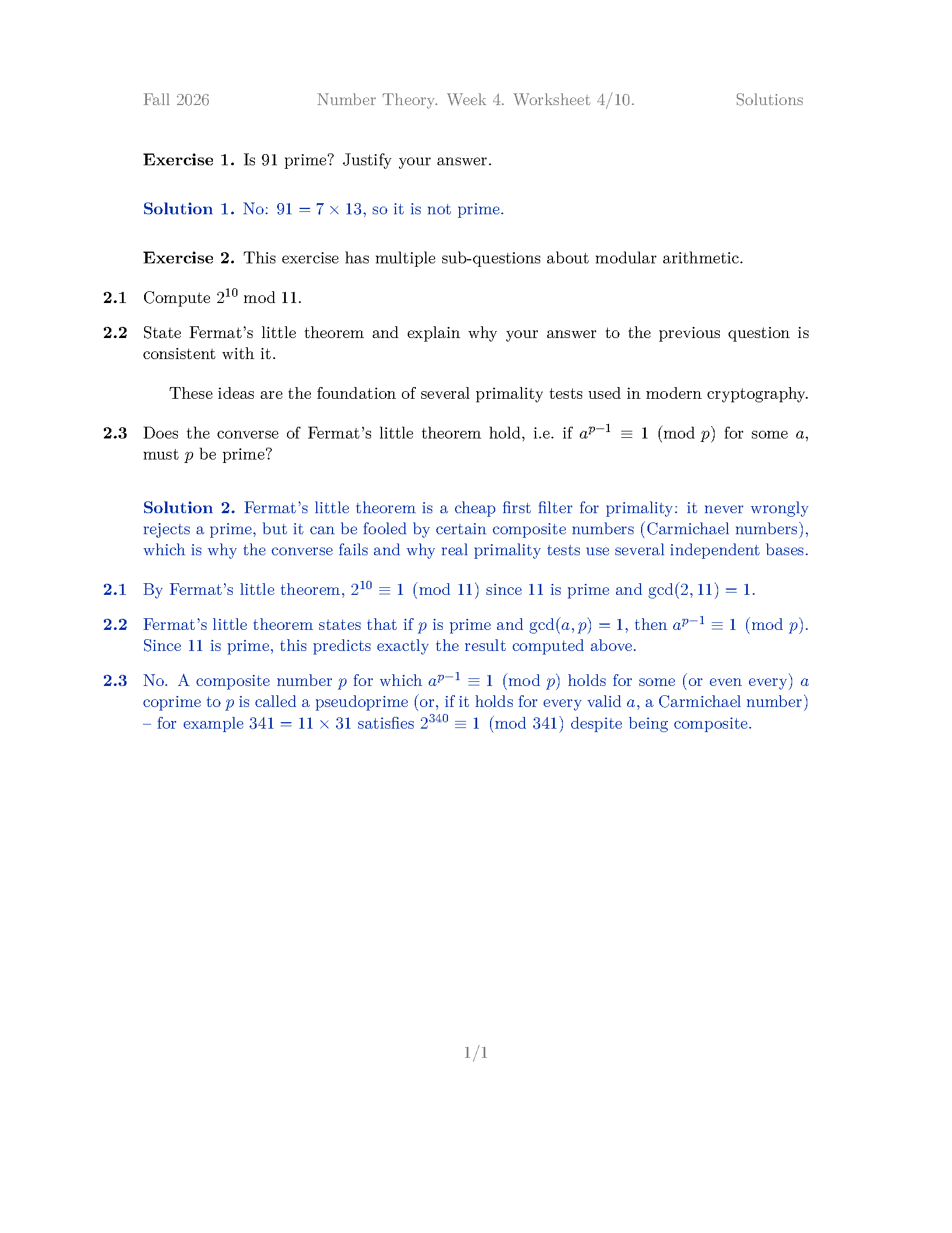 First page of Exercise Worksheet Class