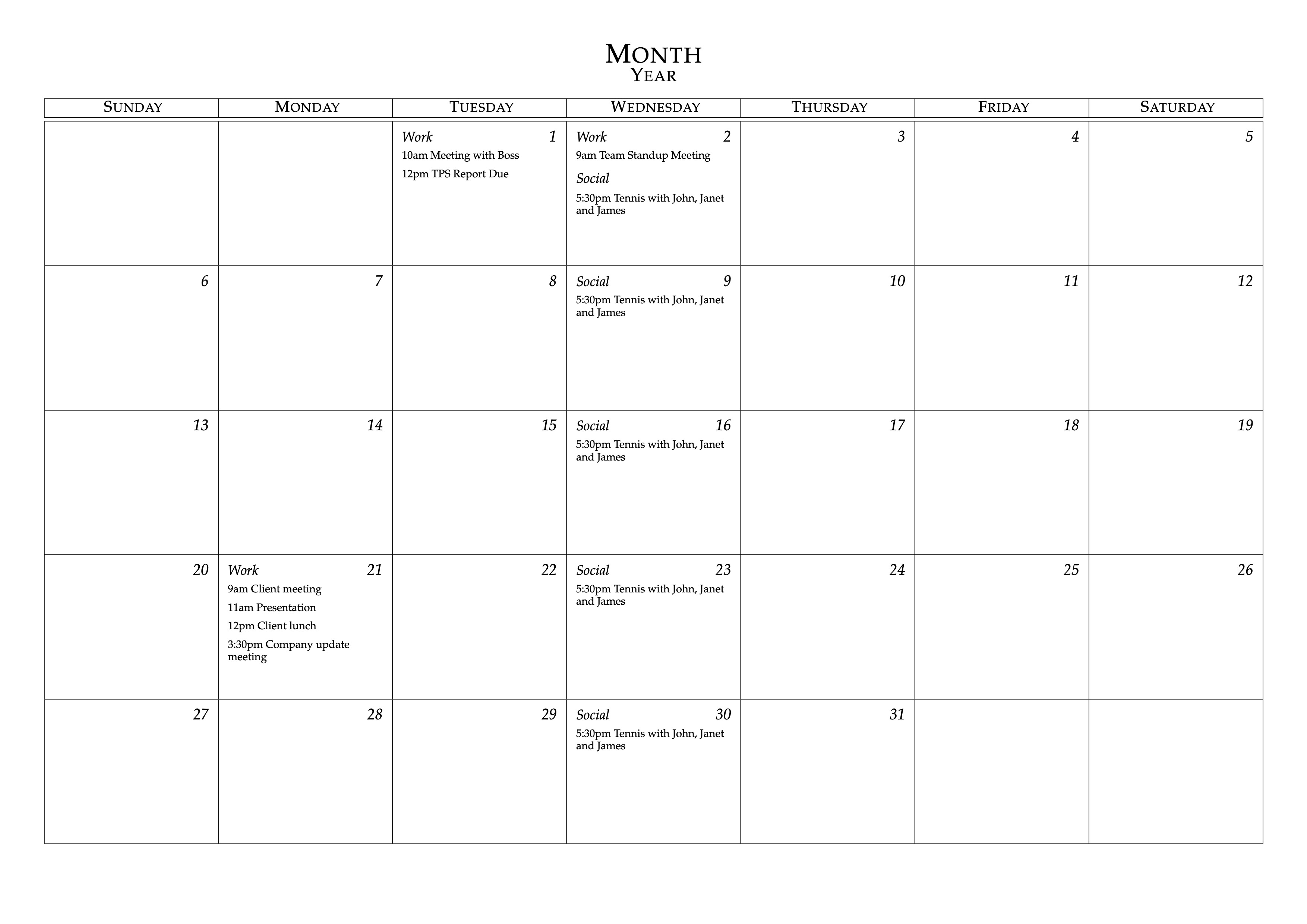 LaTeX Templates - Monthly Calendar Inside Monthly Meeting Schedule Template