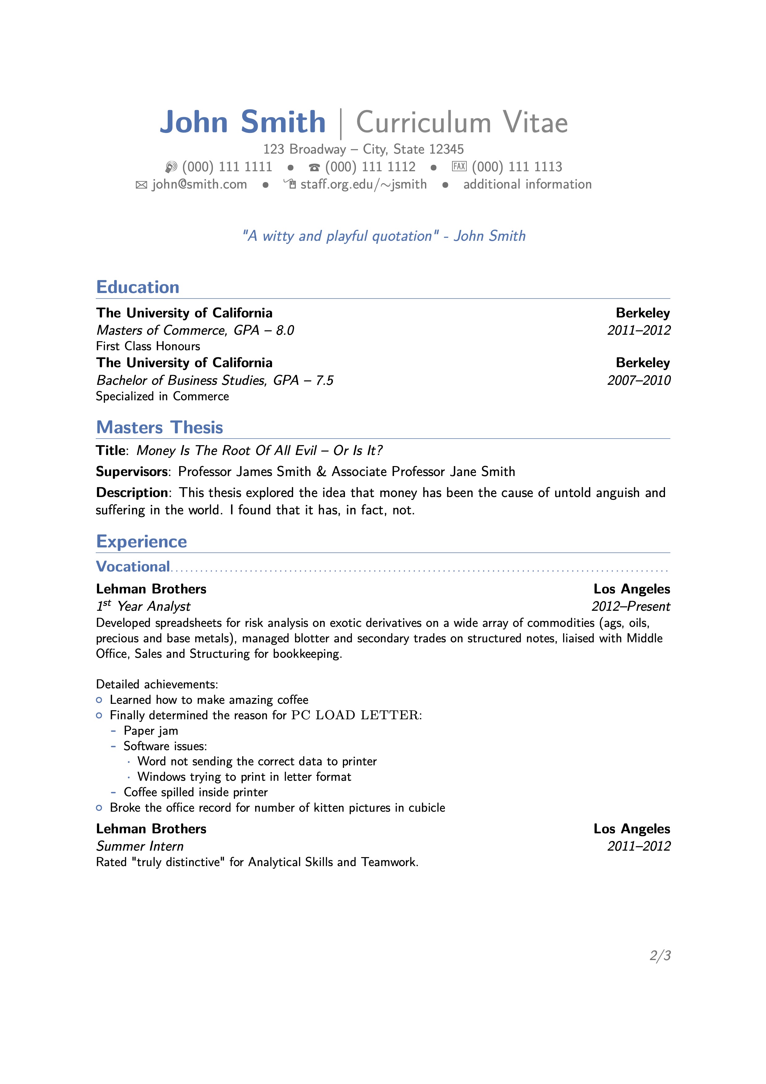 LaTeX Templates - ModernCV CV and Cover Letter