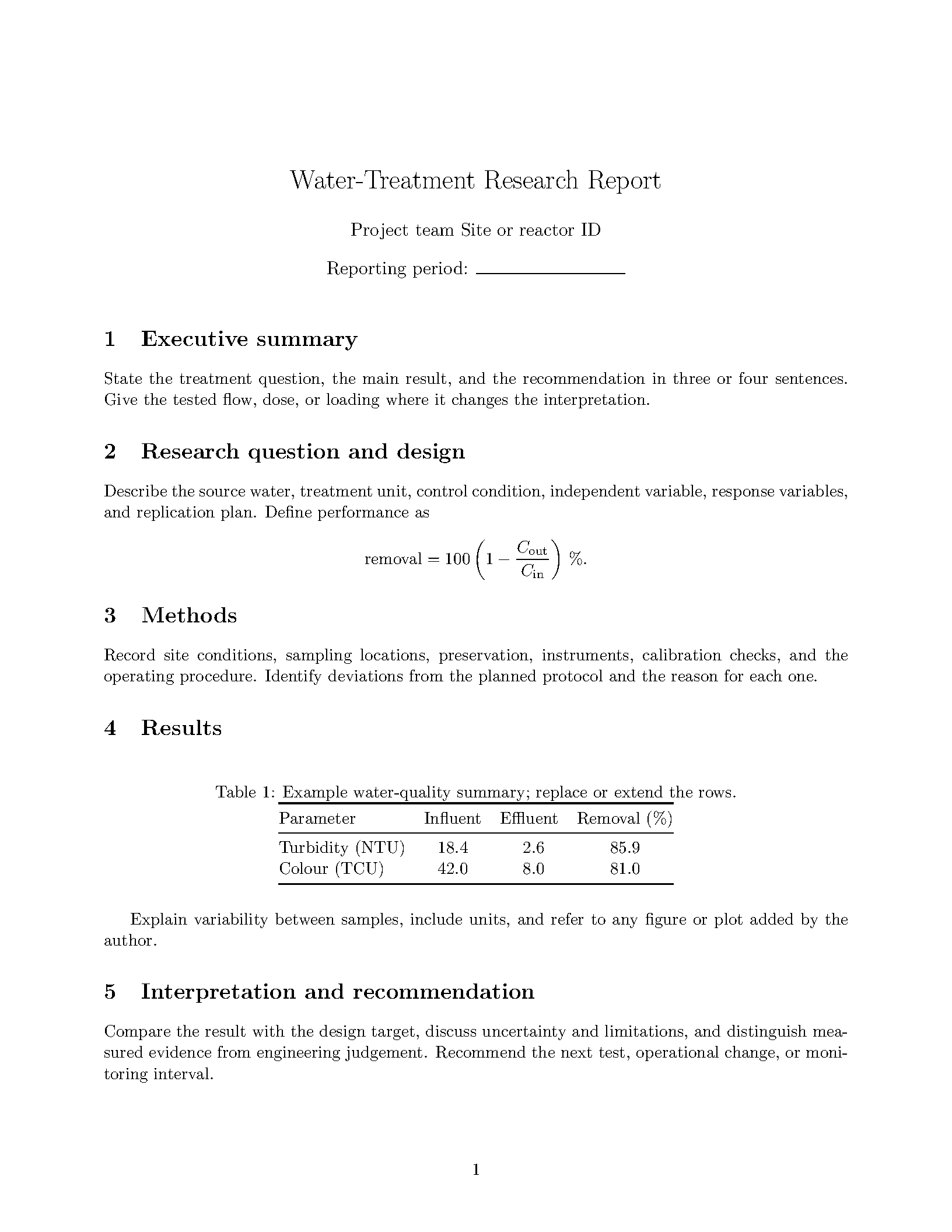 First page of the AguaClara Research Report template