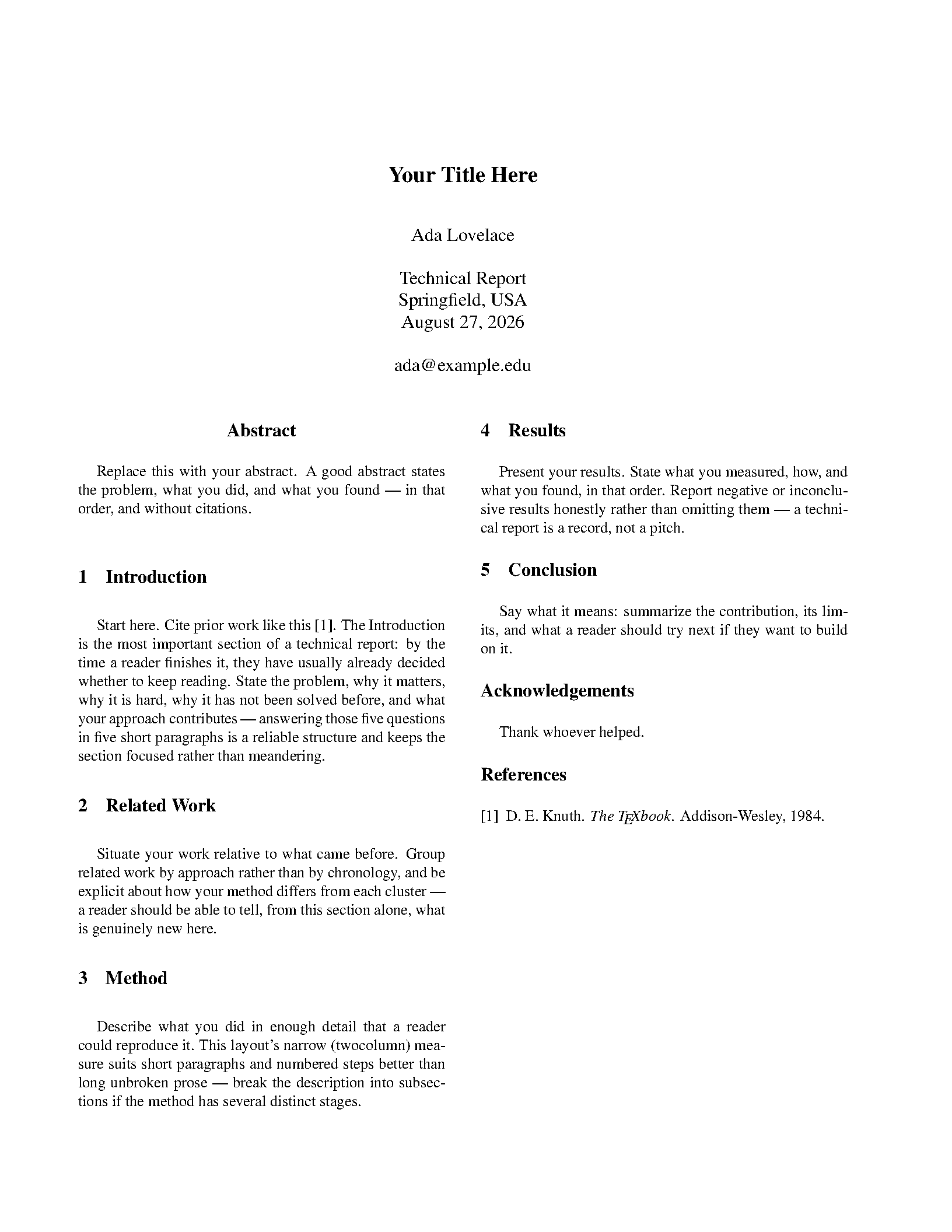 First page of the arXiv Technical Report template