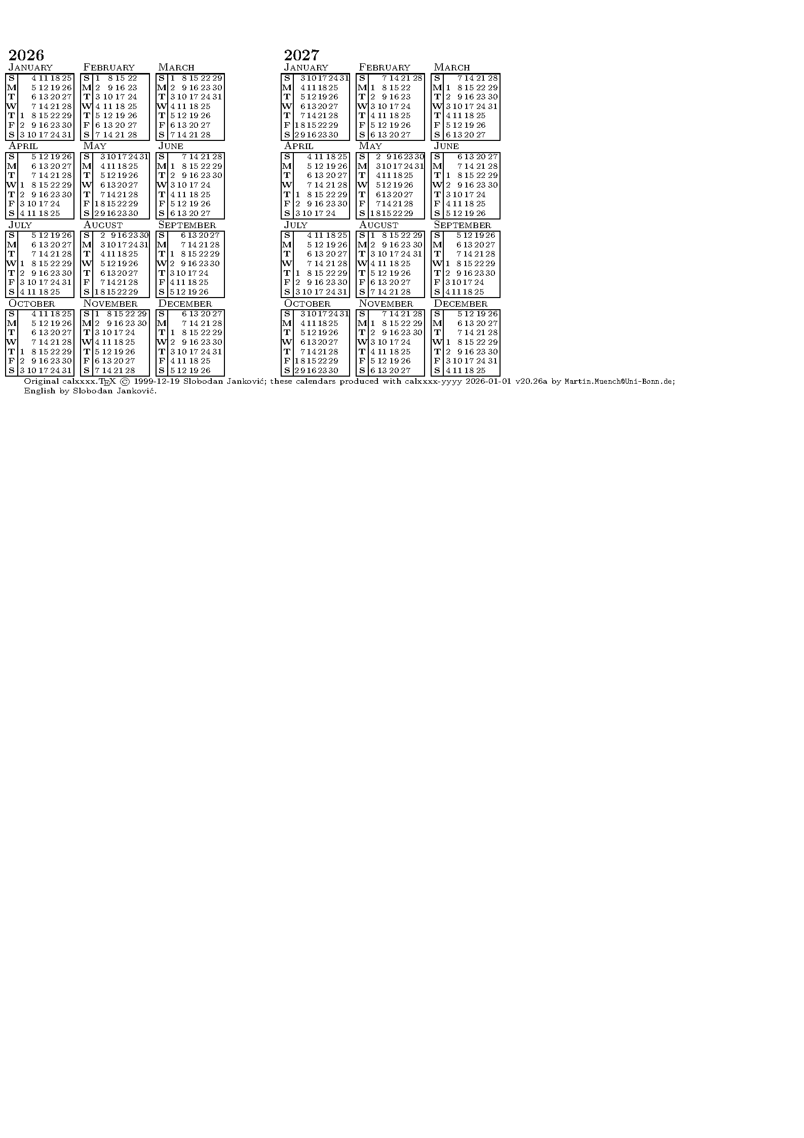 First page of Multi-Year Calendar (calxxxx-yyyy)