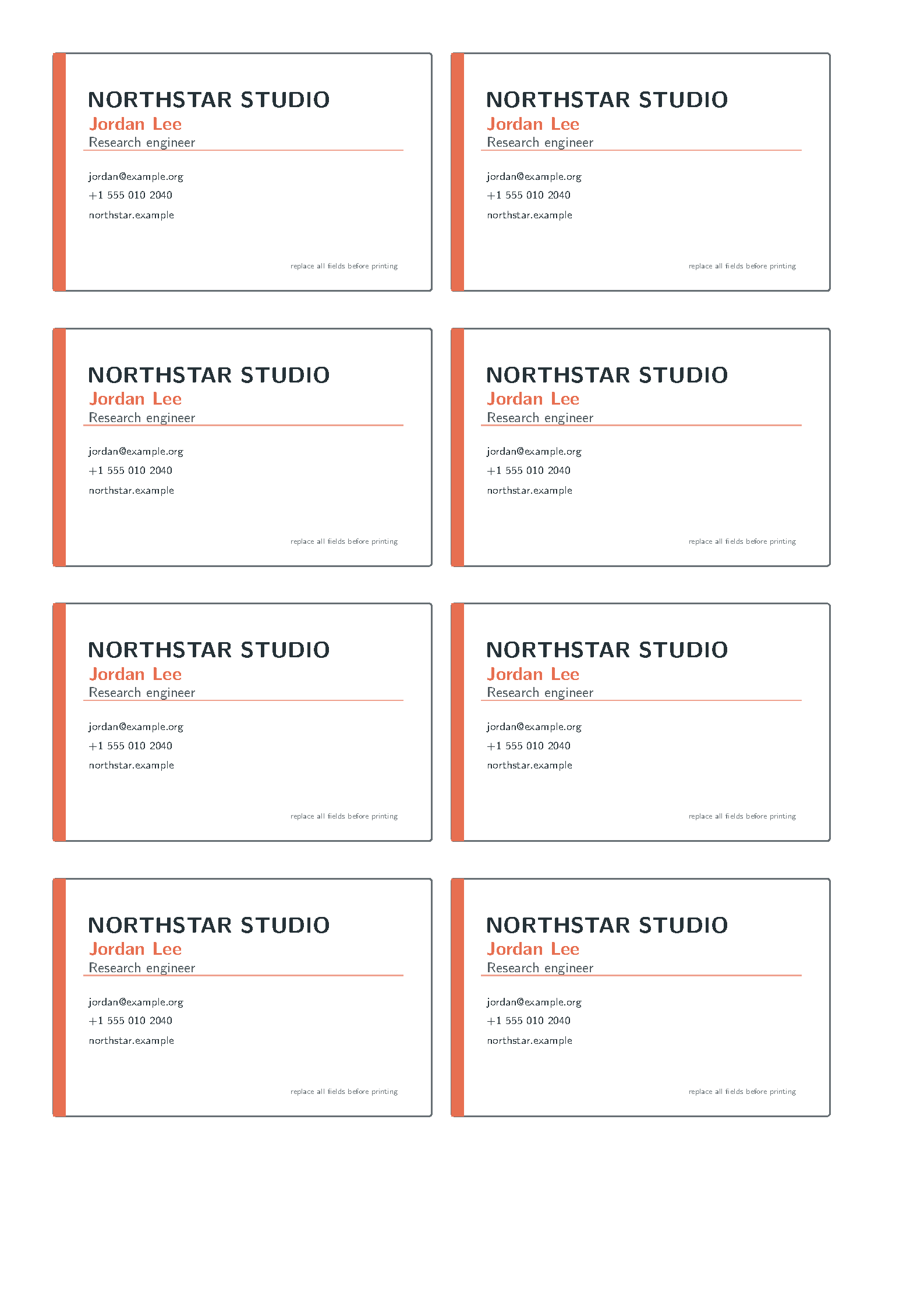 First page of card Business Cards