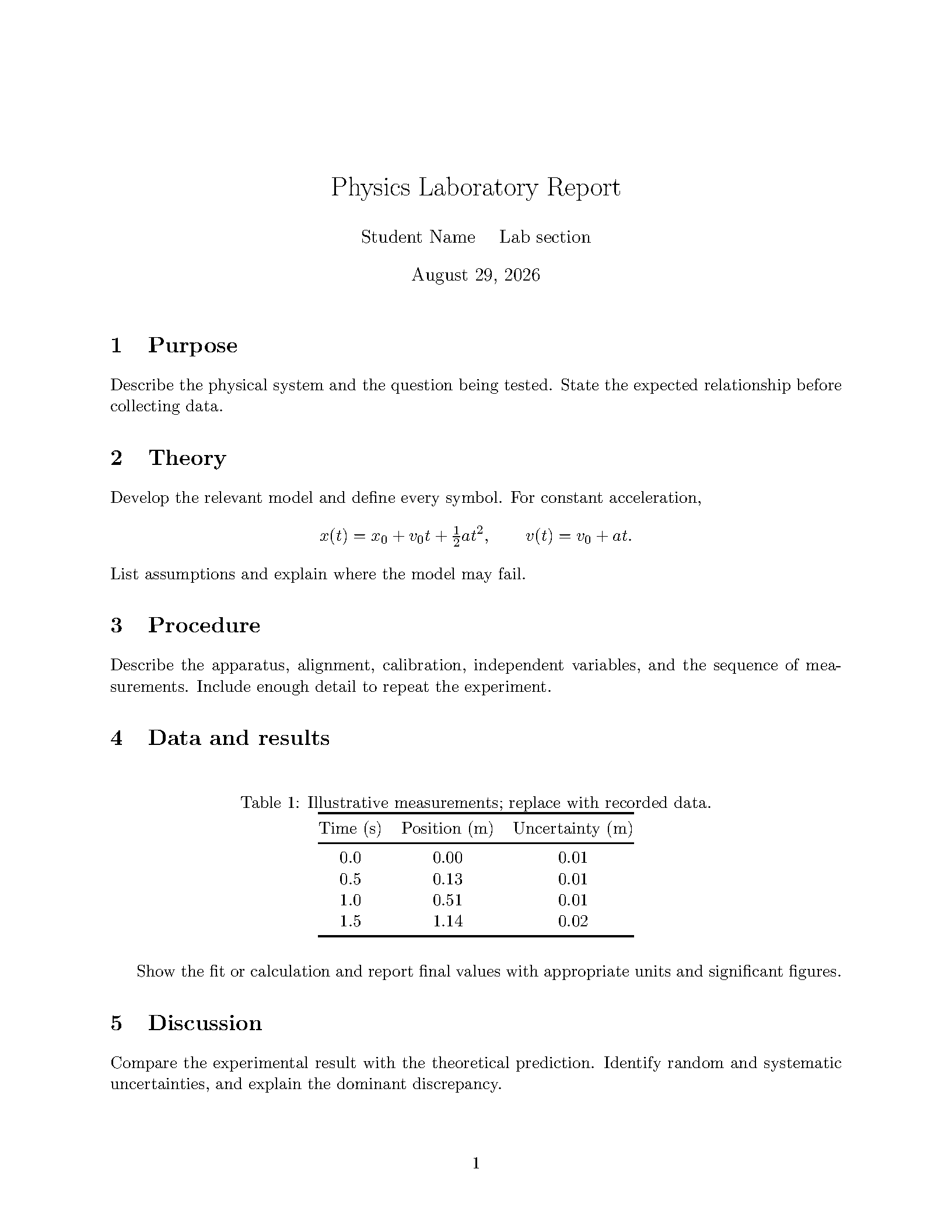 First page of the CHS Physics 211 Lab Report template