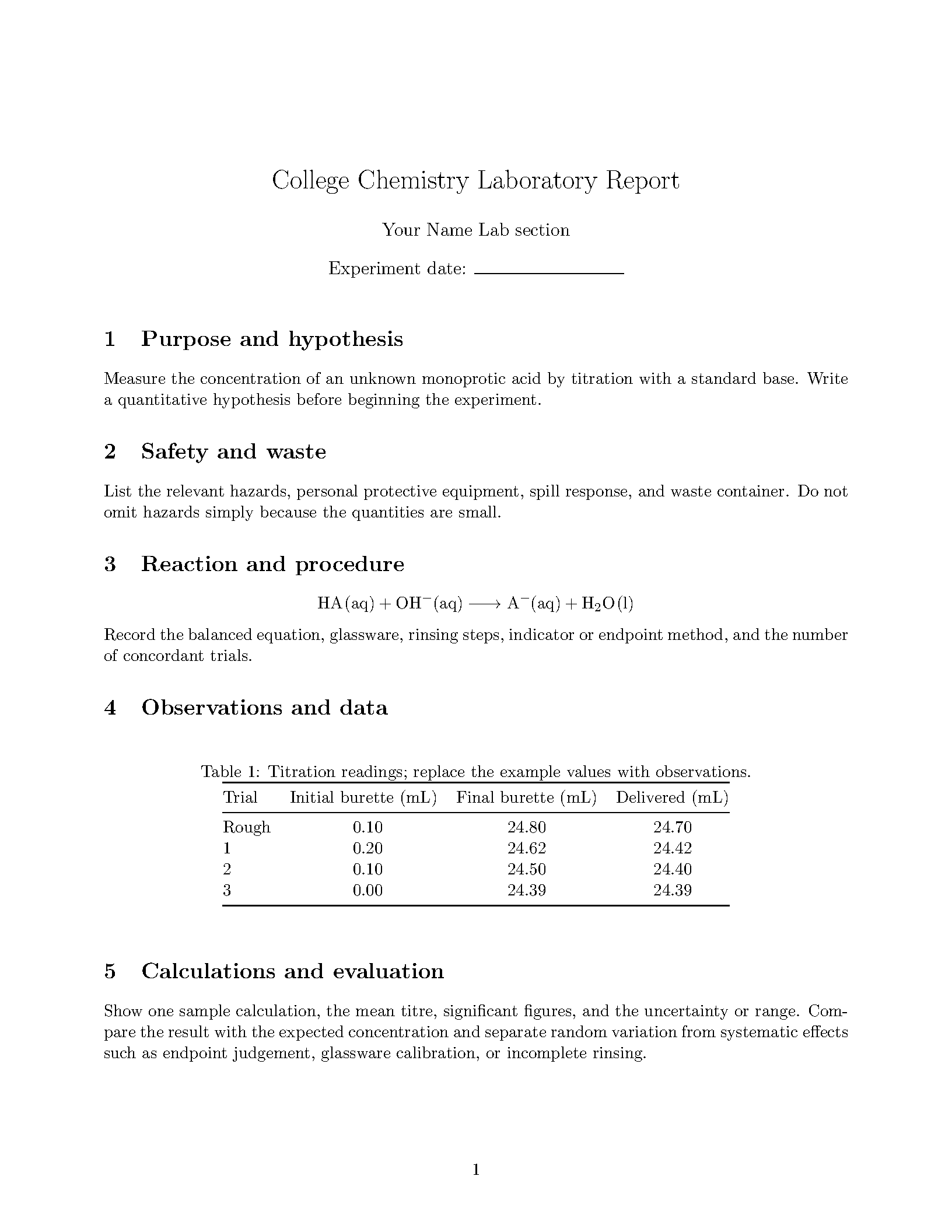 First page of the College Chemistry Lab Report template
