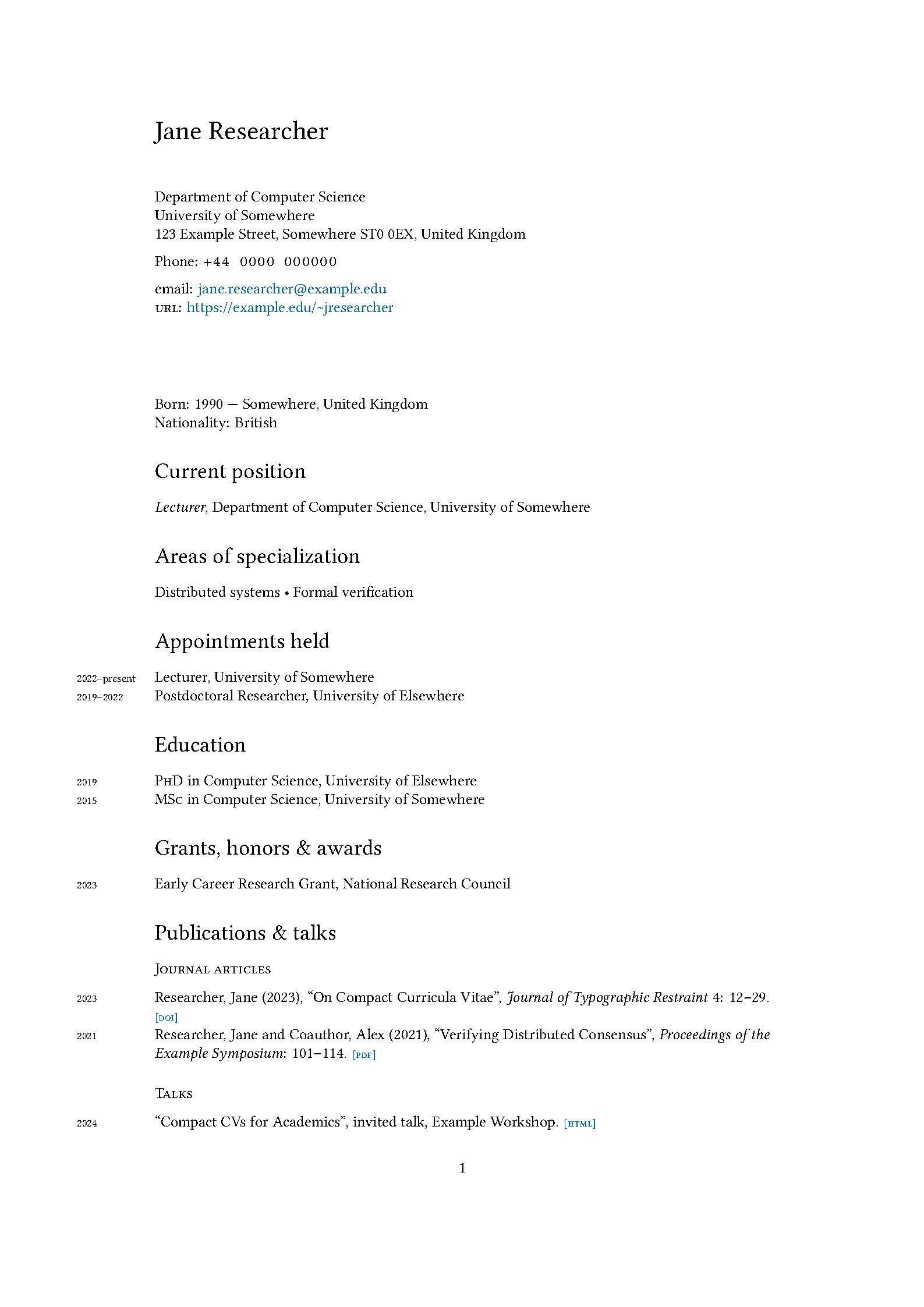 First page of Compact Academic CV