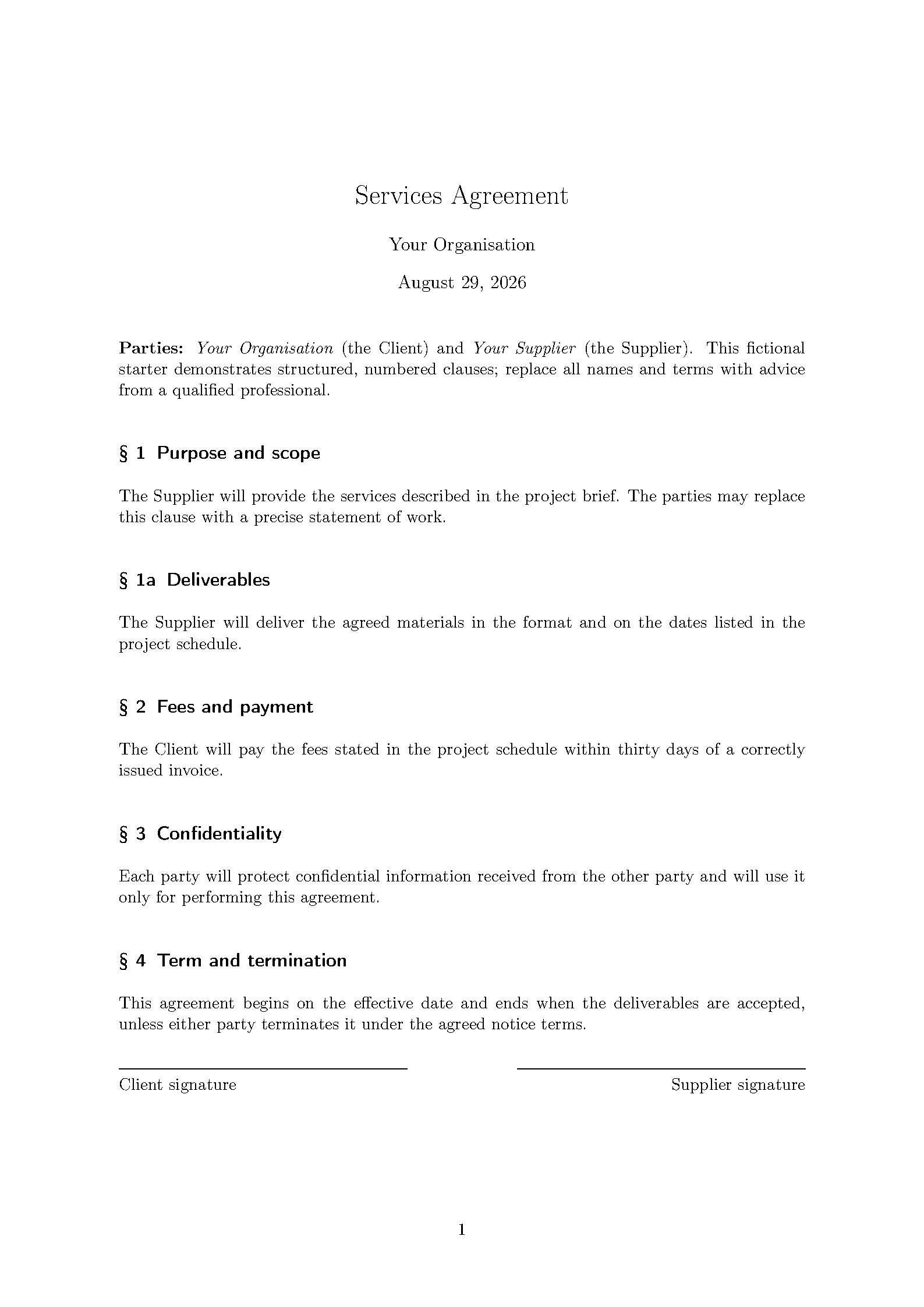 First page of the Contract template