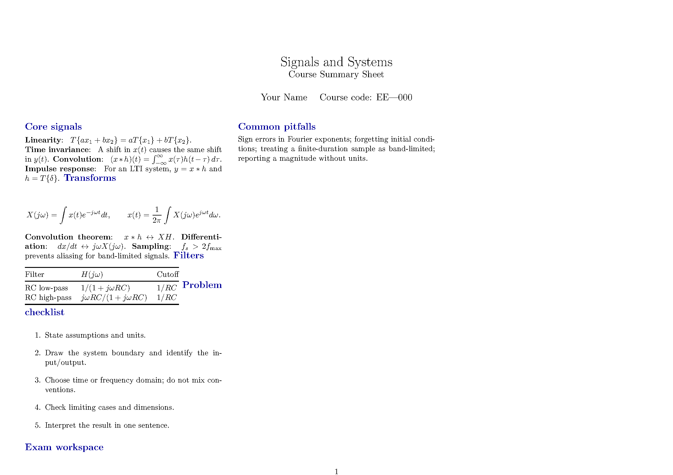 First page of the Course Summary Cheatsheet template