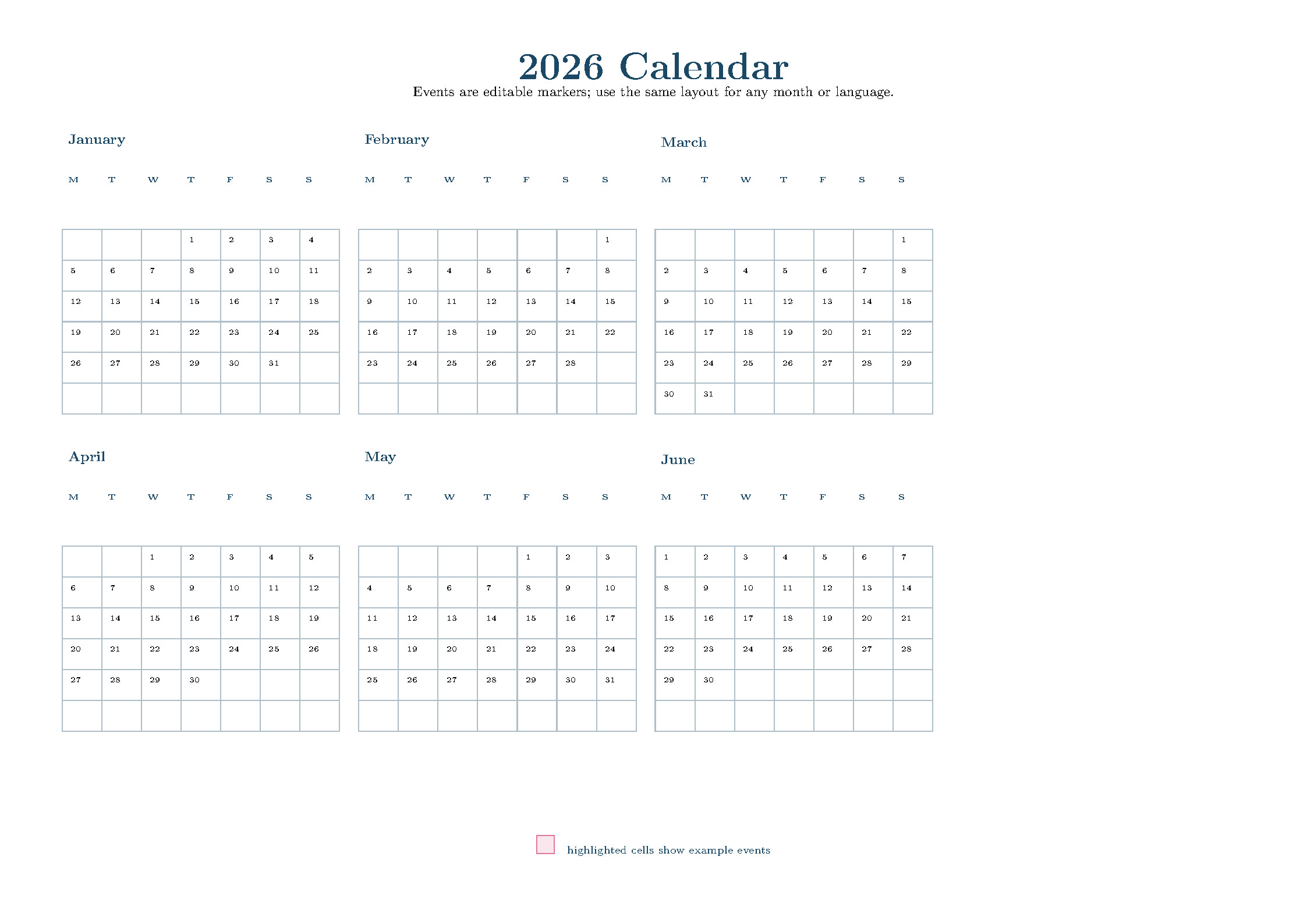 First page of Customisable Calendar with Events