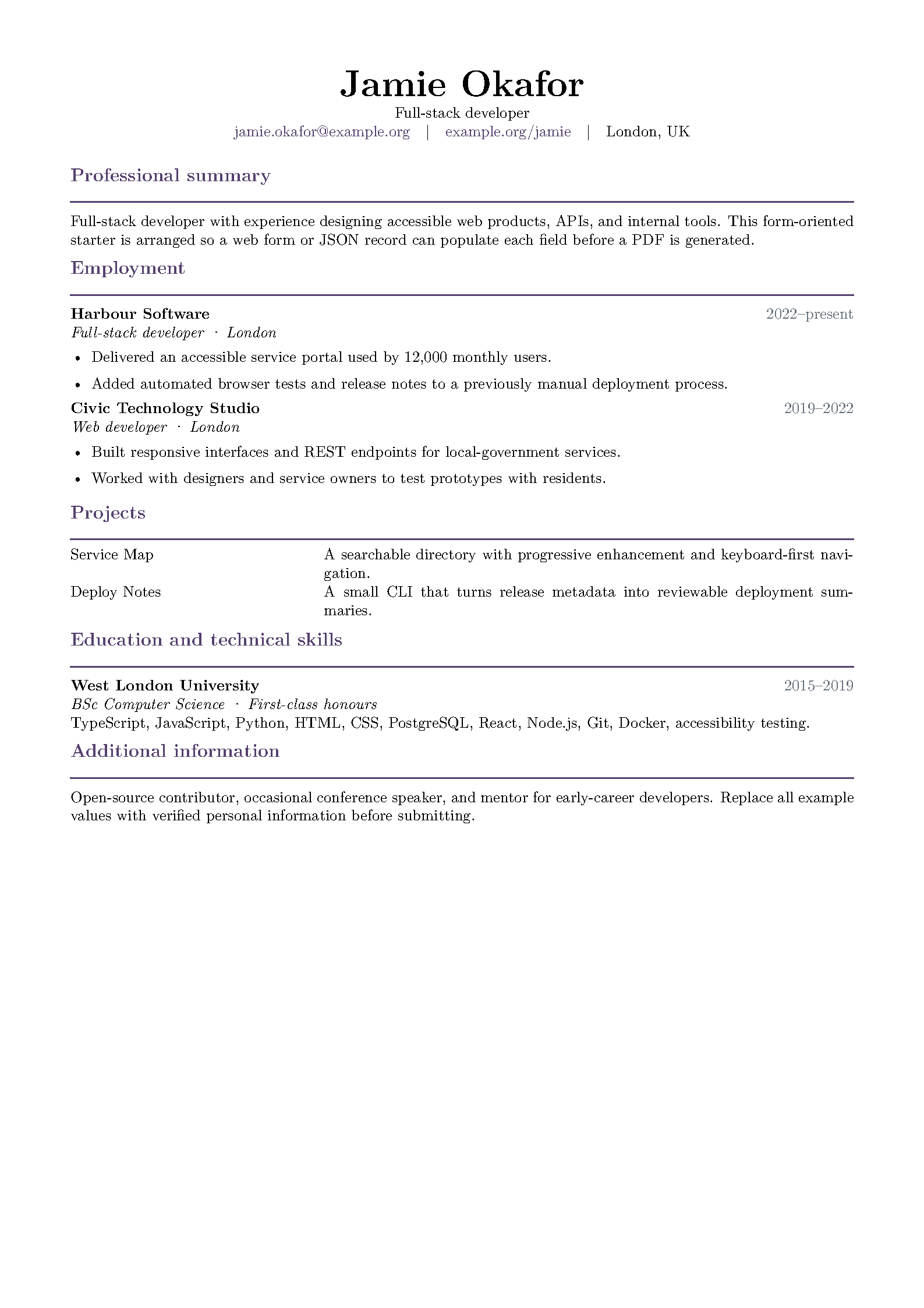 First page of CV Generator Starter