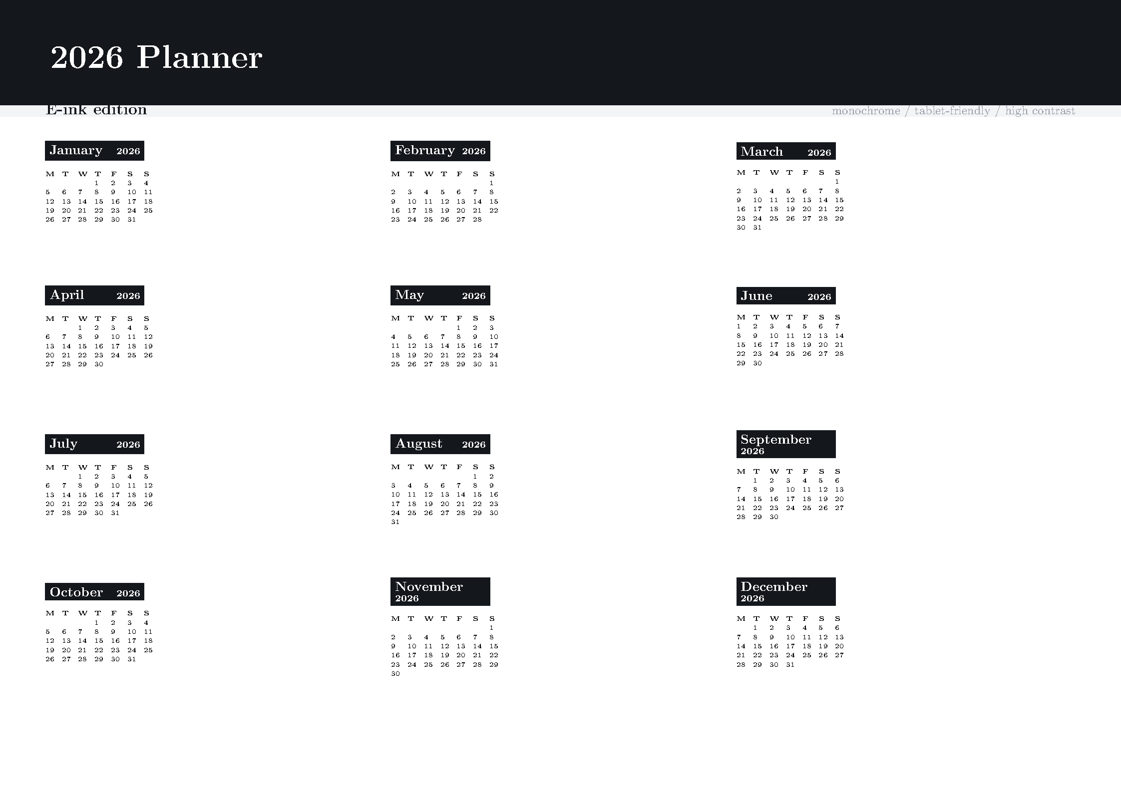 First page of E-Ink Planner