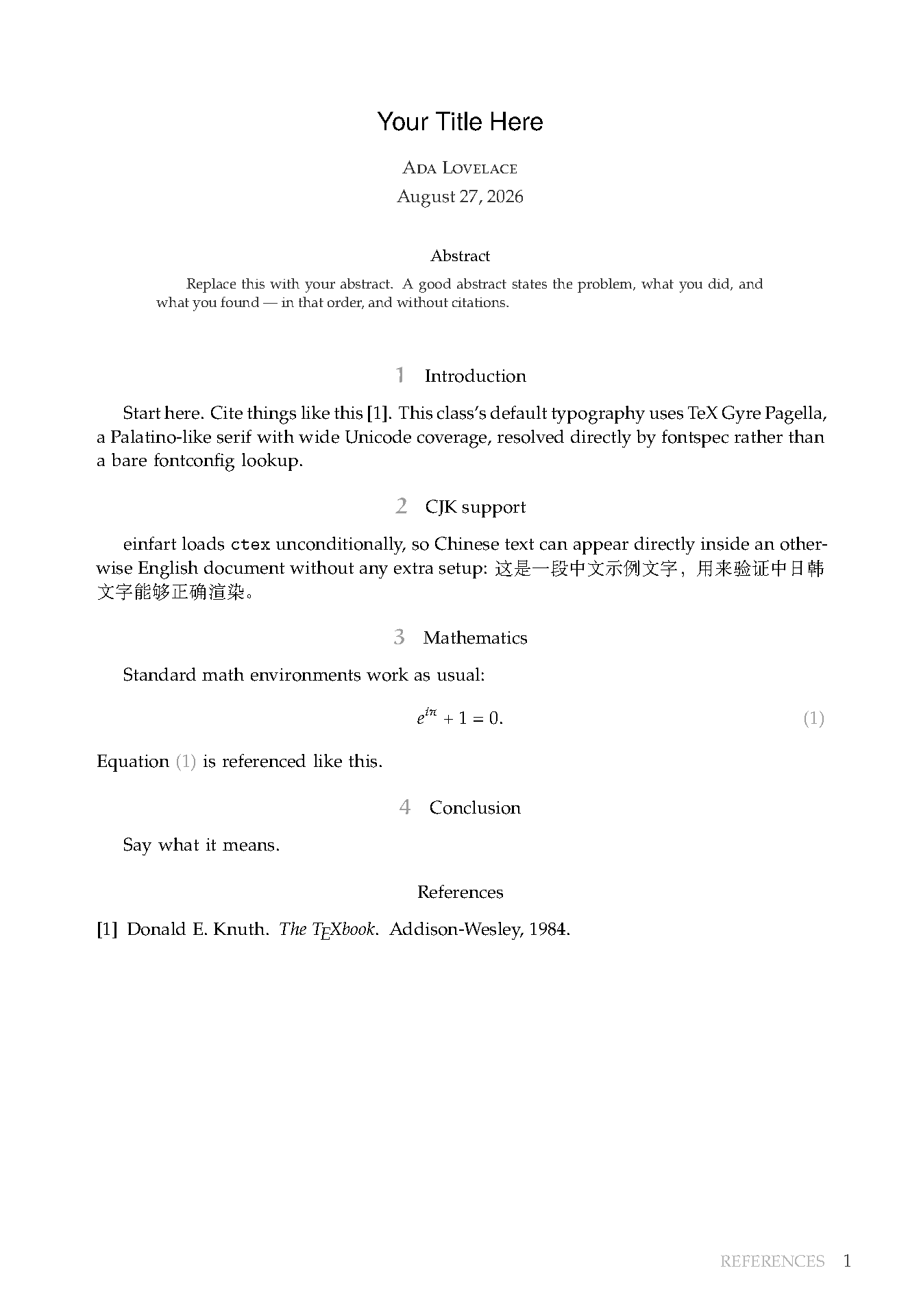 First page of the einfart Minimal Article template