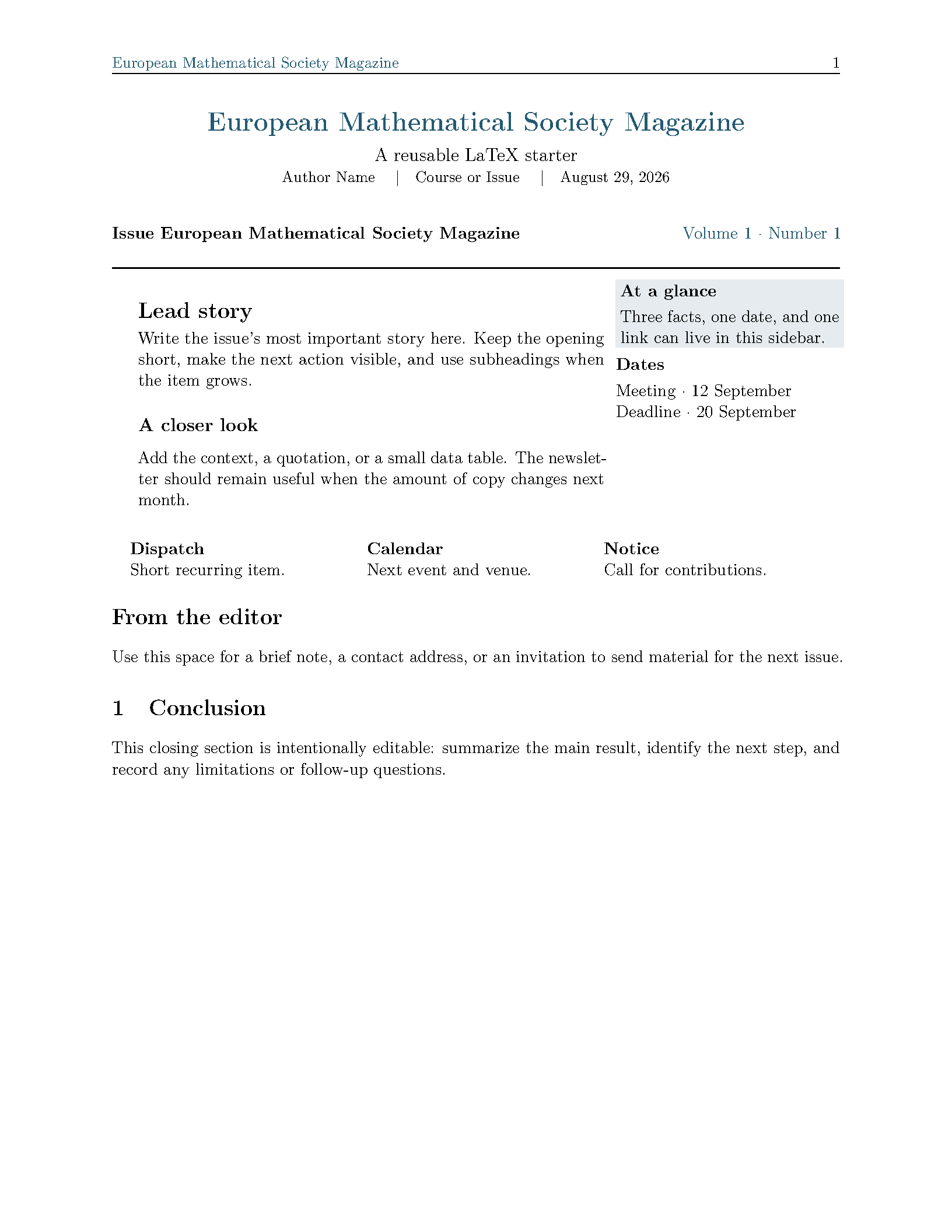 First page of European Mathematical Society Magazine