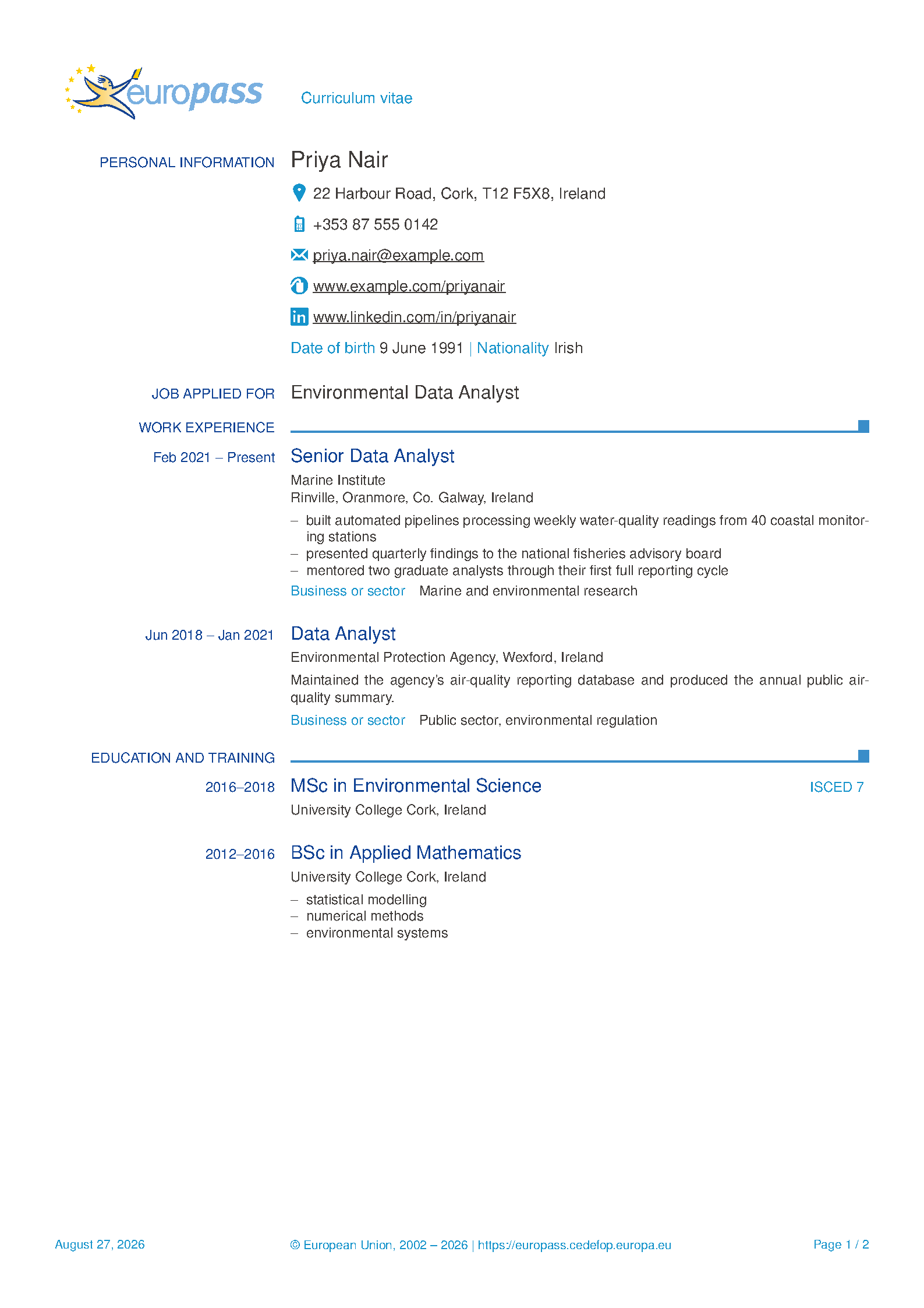 First page of Europass CV