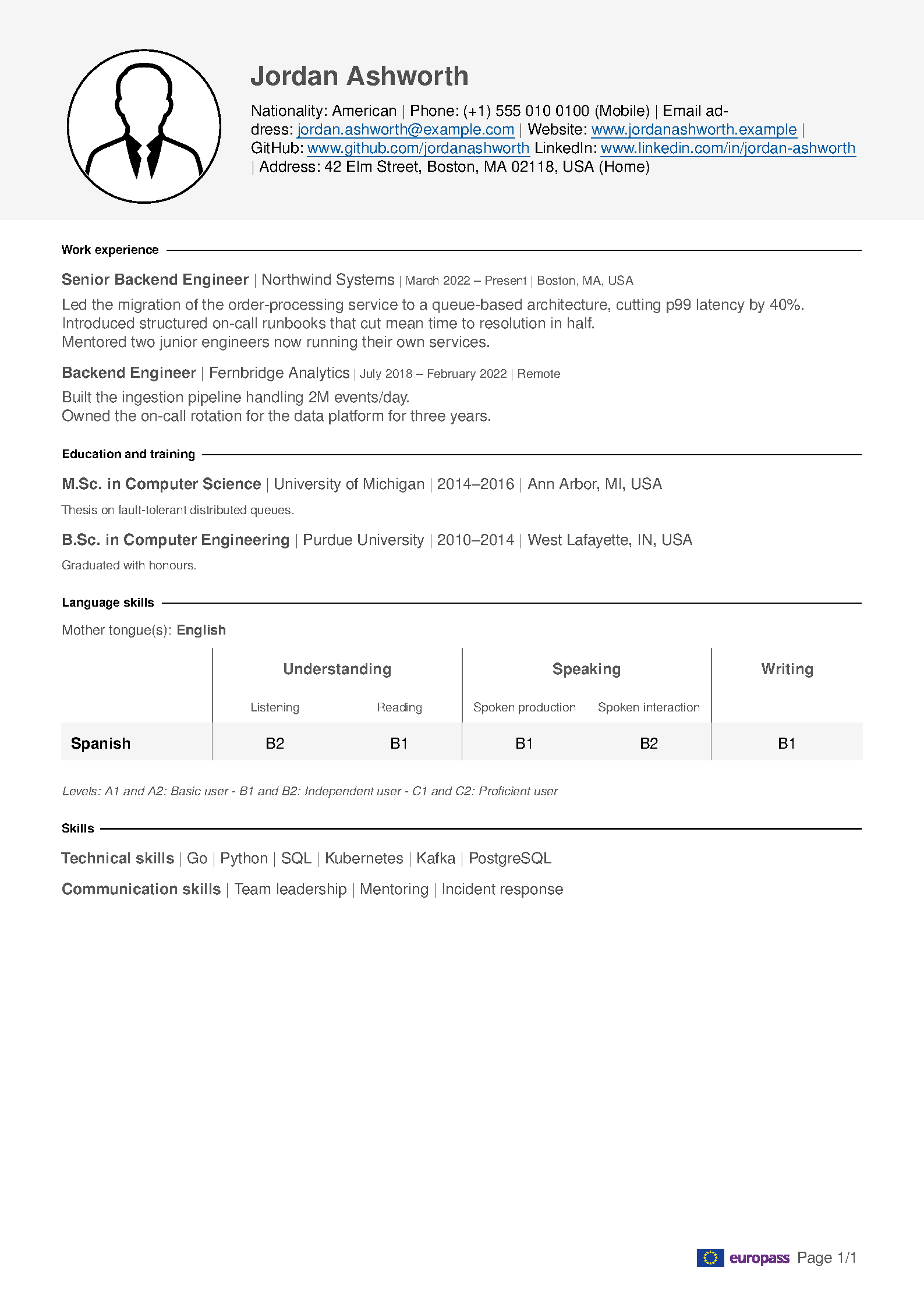 First page of Europass CV (2025)