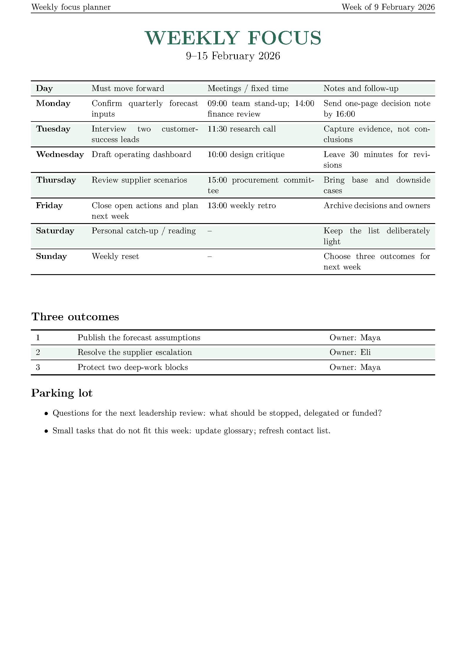 First page of evweek Weekly Calendar