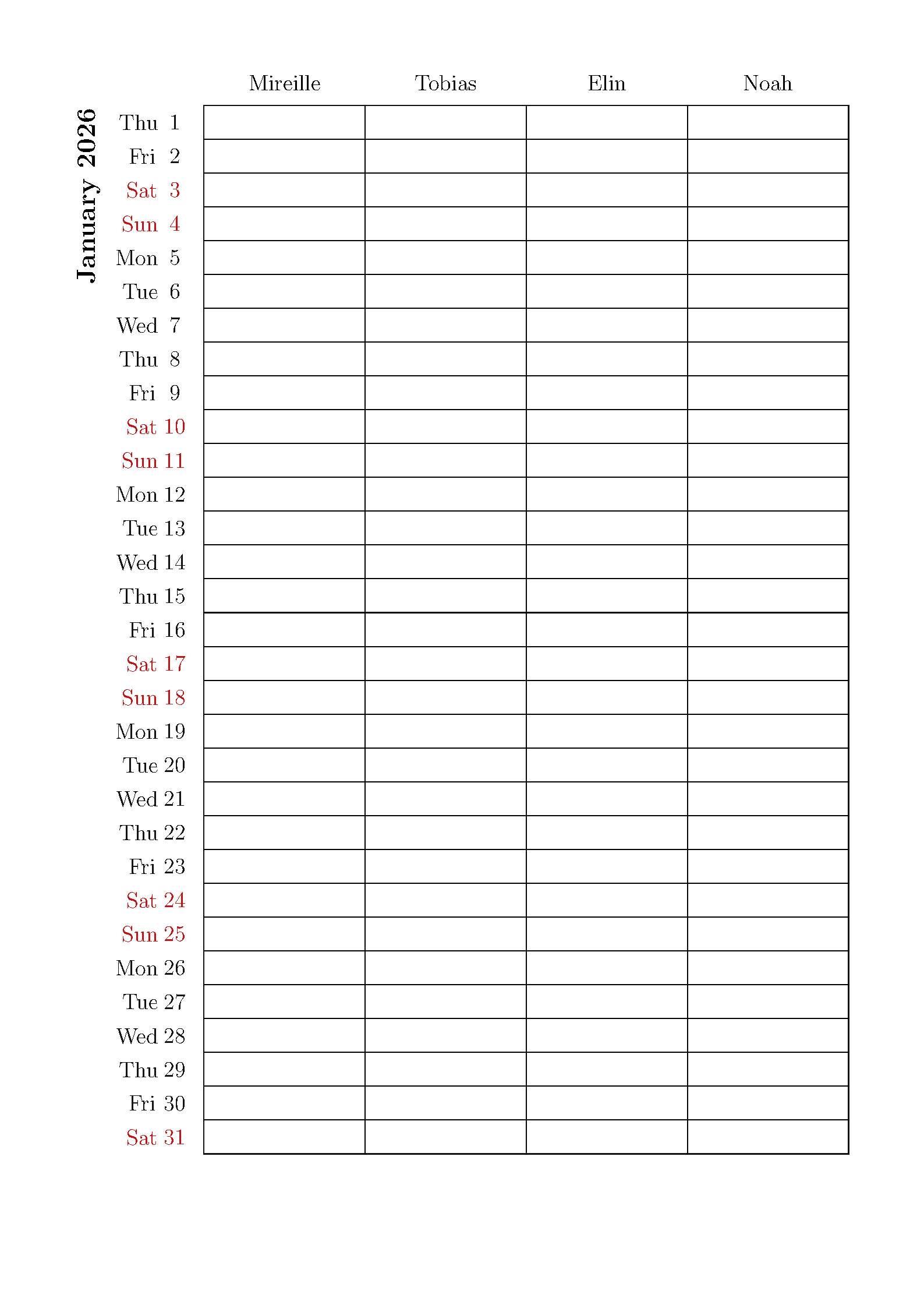 First page of Family Wall Calendar
