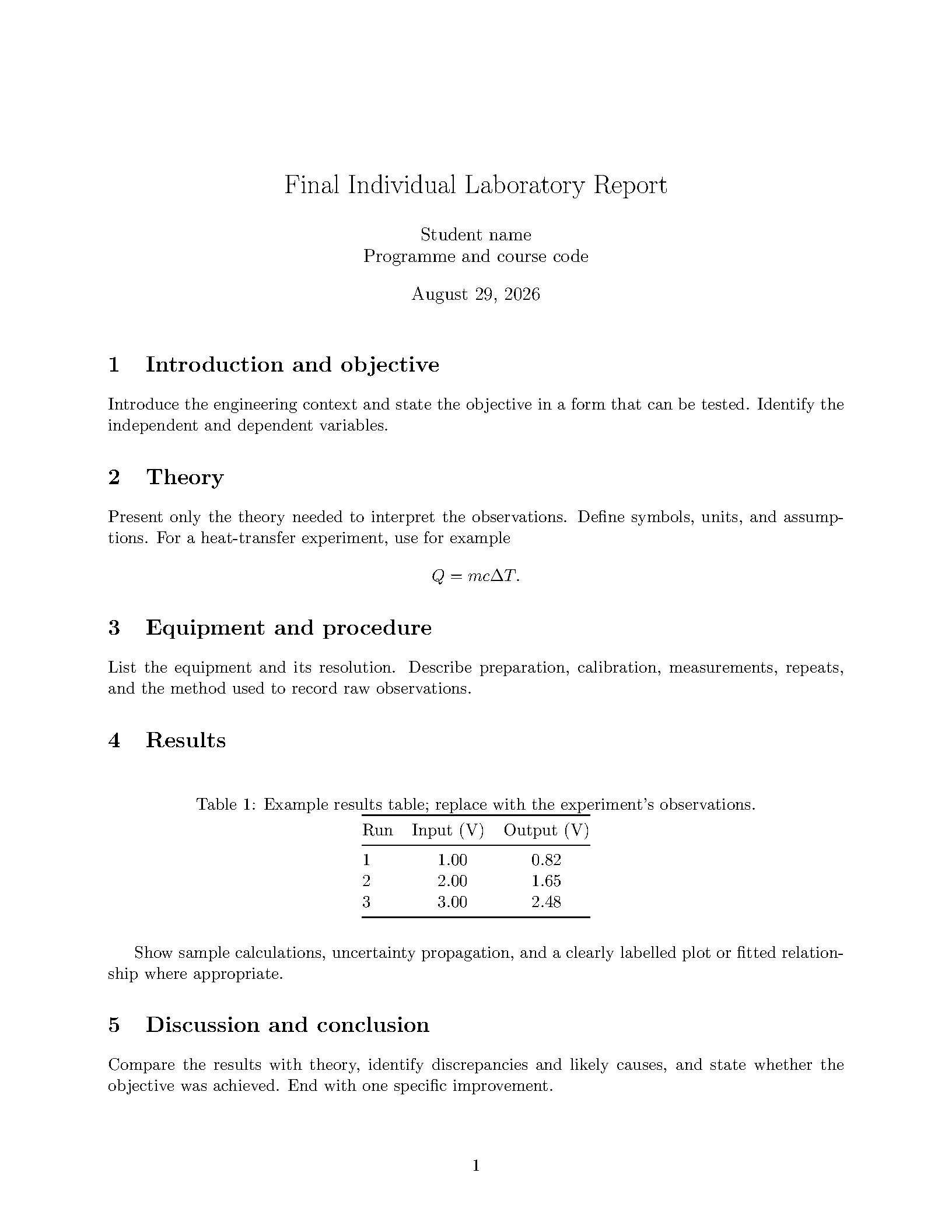 First page of the Final Individual Lab Report FKekk UTEM template