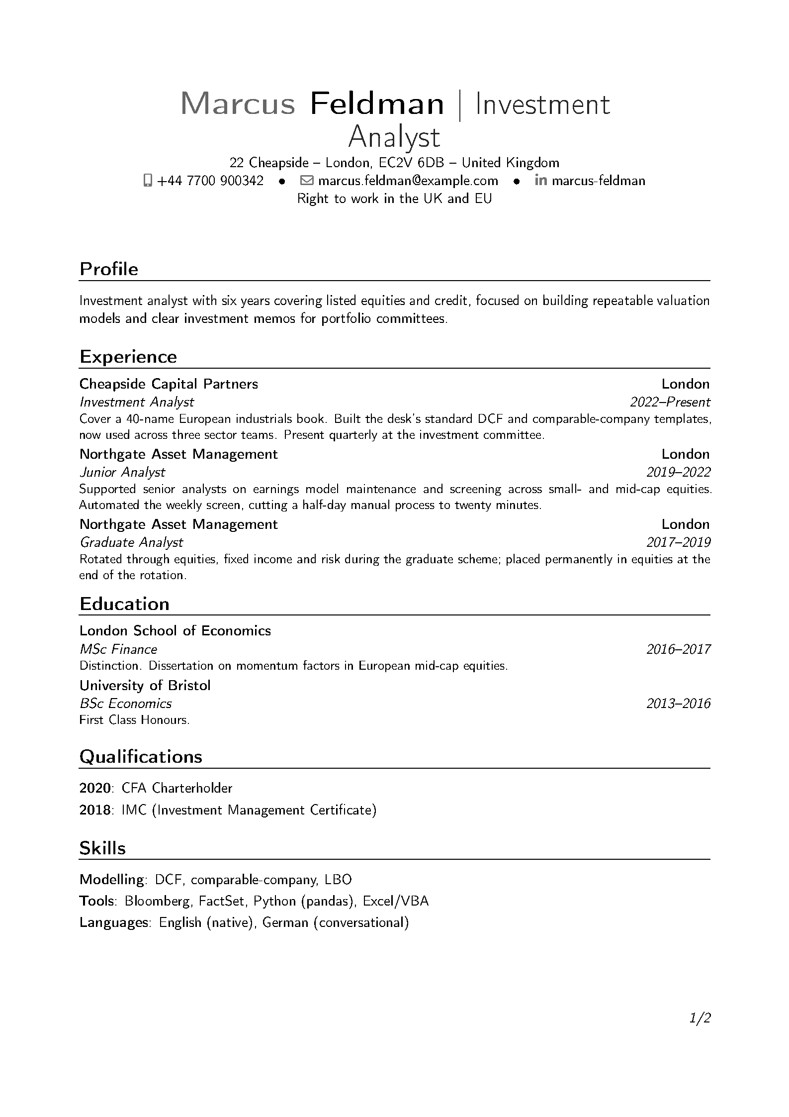 First page of Freeman CV