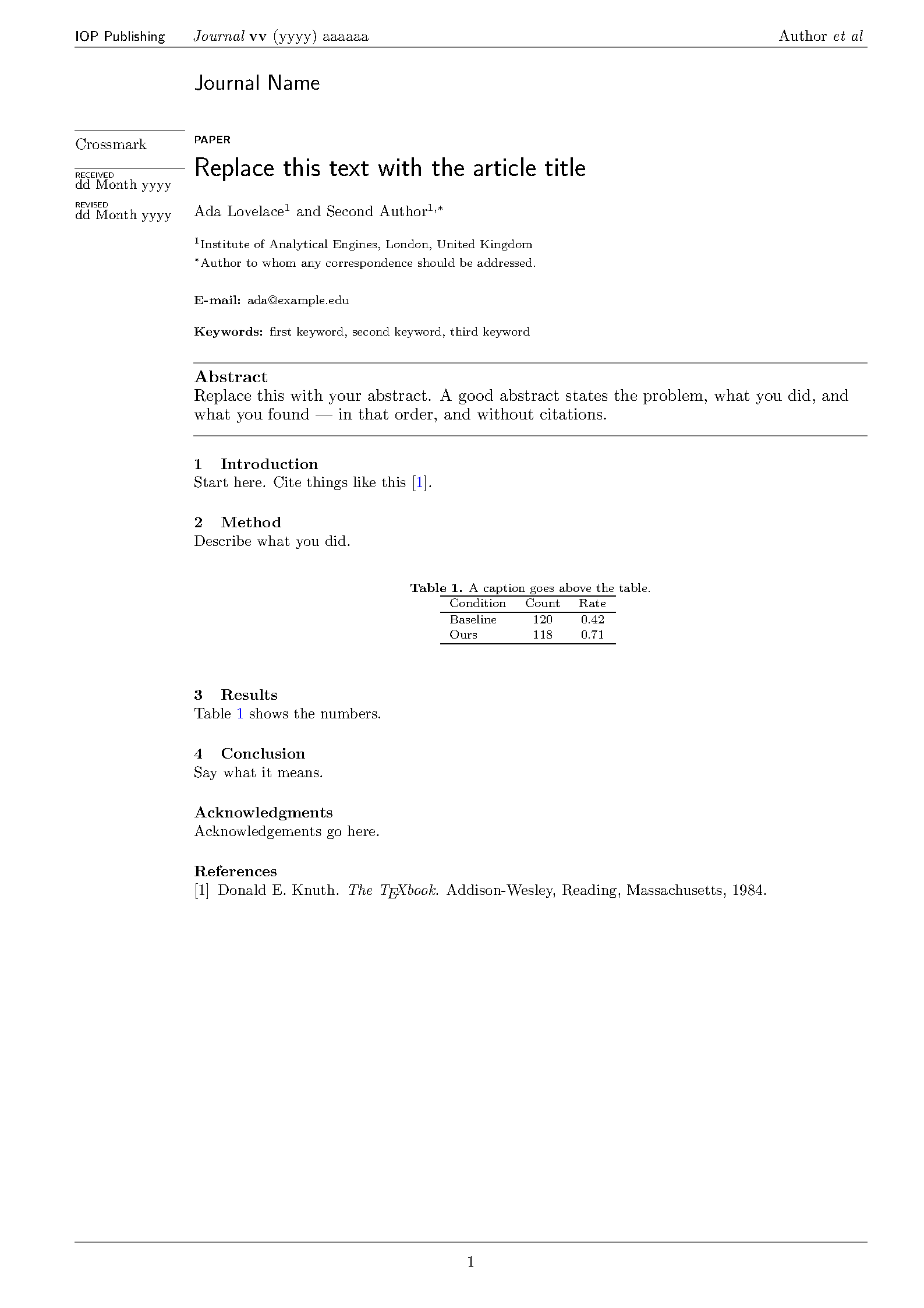 First page of IOP Publishing Journal