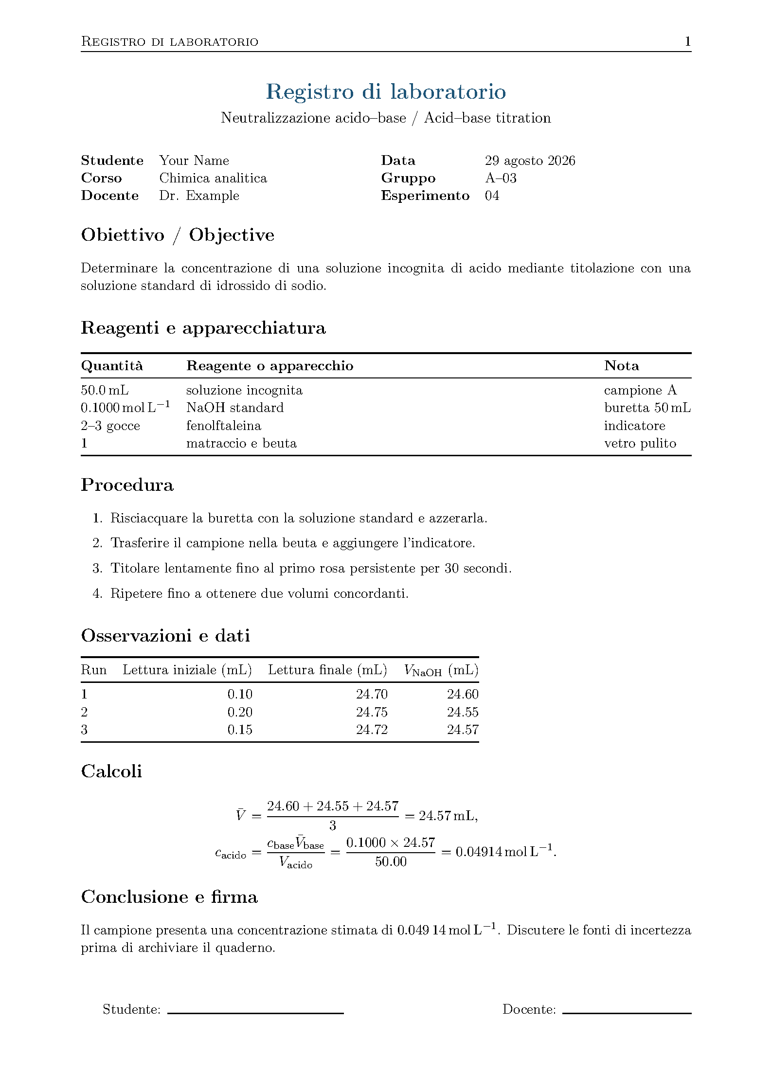 First page of Italian Chemistry Laboratory Record