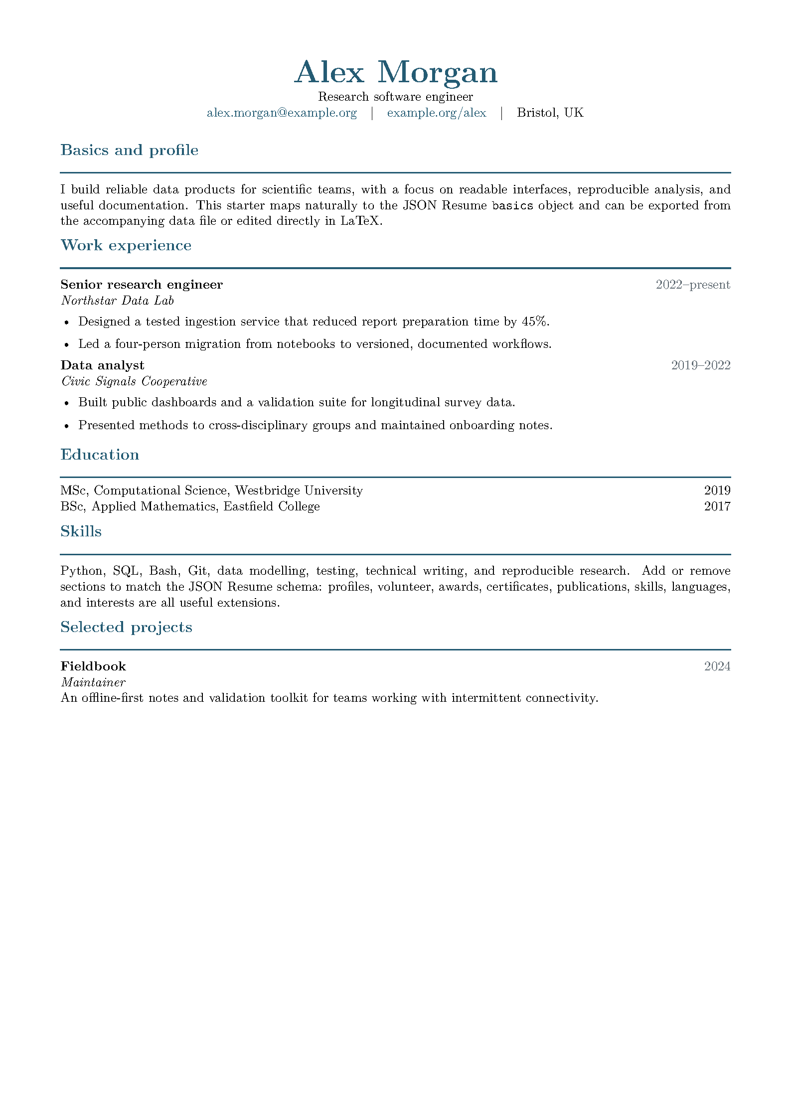 First page of JSON Resume LaTeX Starter