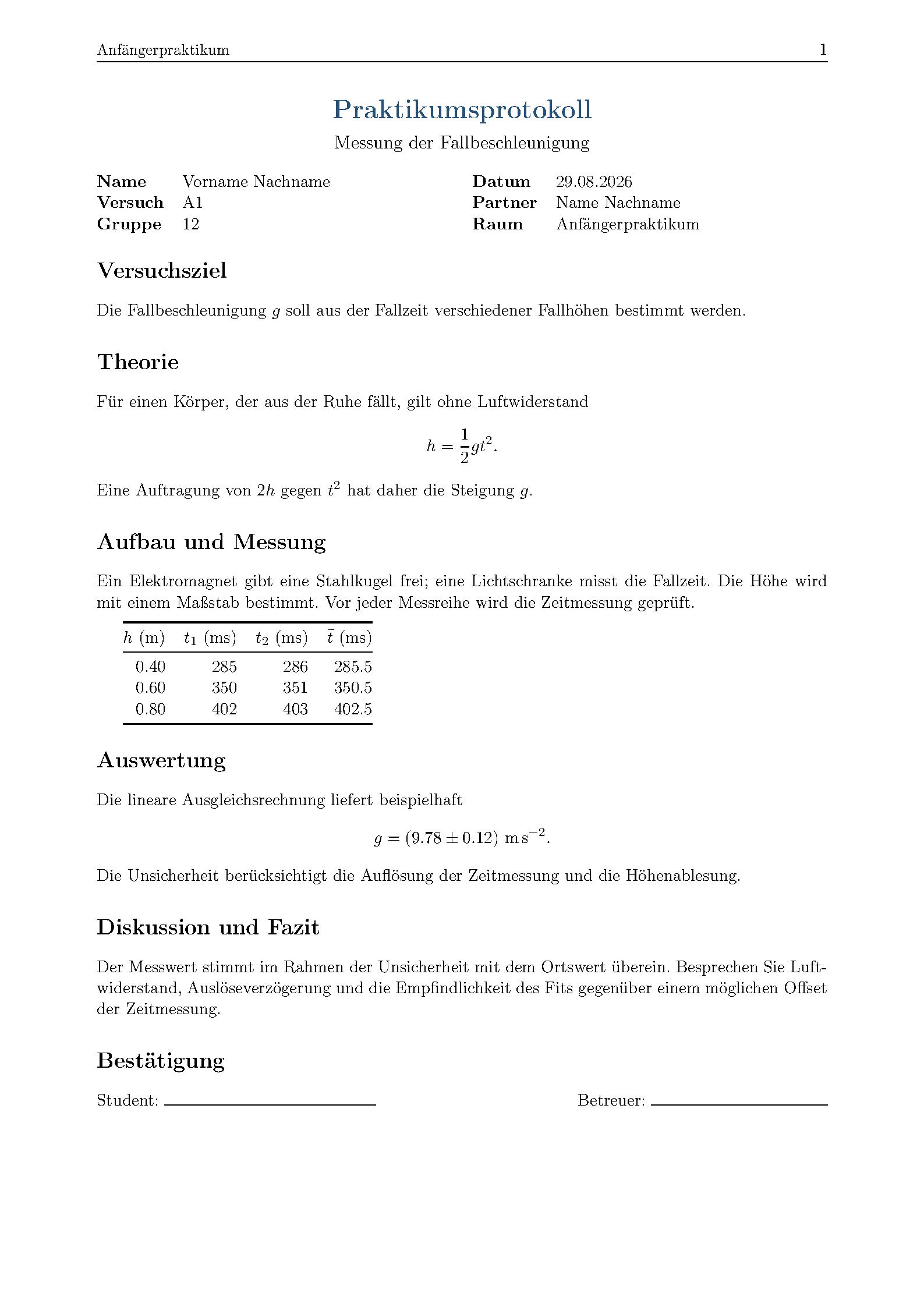 First page of the KIT Anfängerpraktikum Protocol template