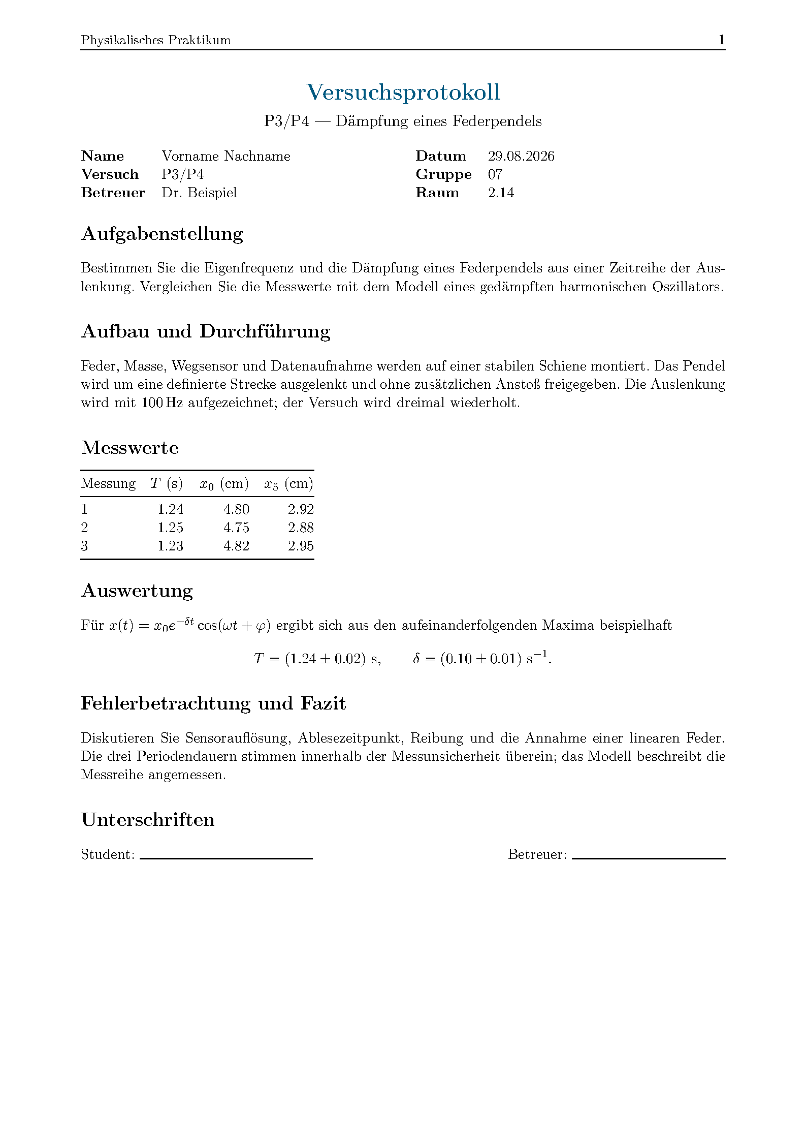 First page of KIT Physics Praktikum Protocol