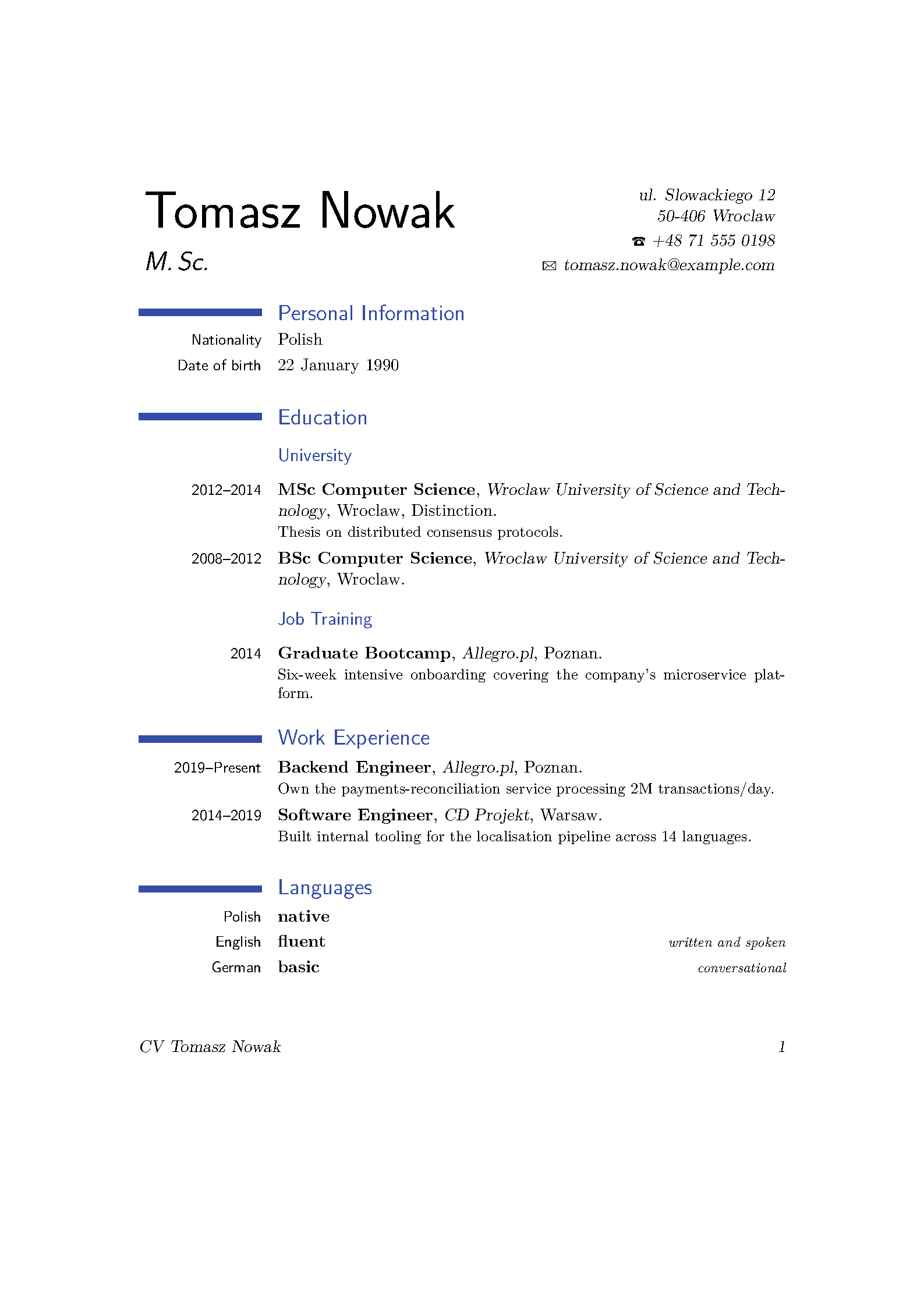 First page of KOMA ModernCV Classic