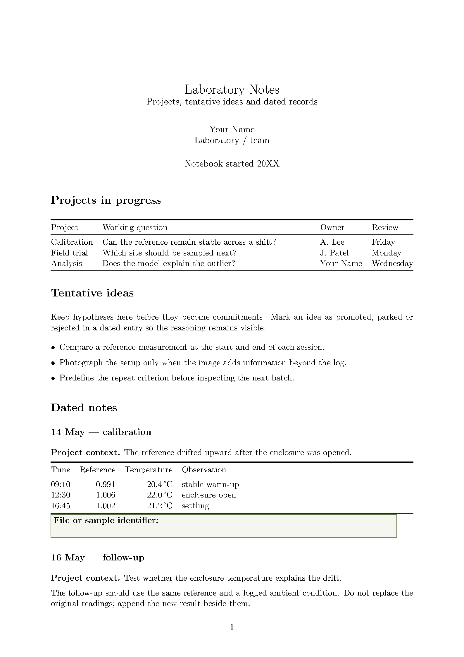 First page of Laboratory Notes Template