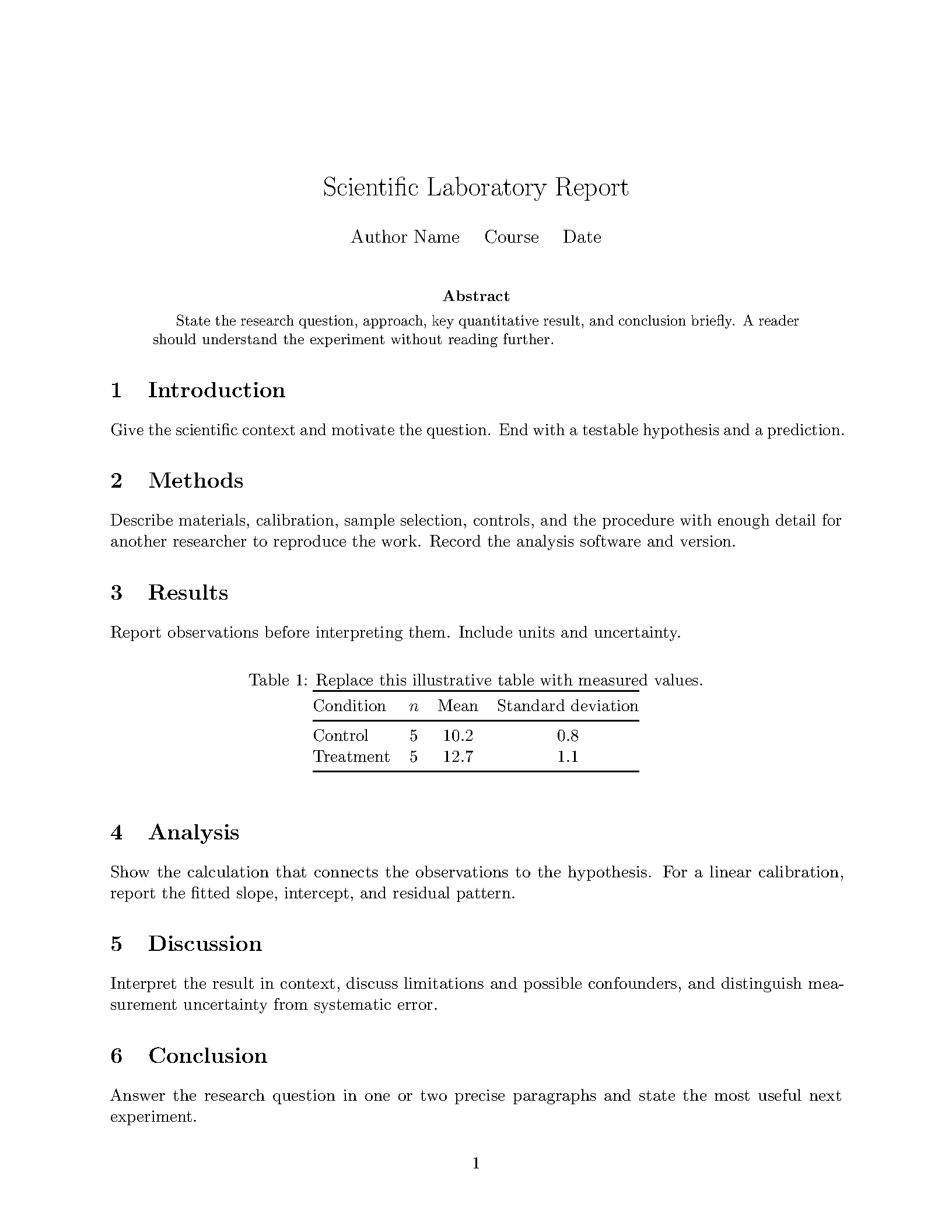 First page of the Scientific Writing Lab Report template
