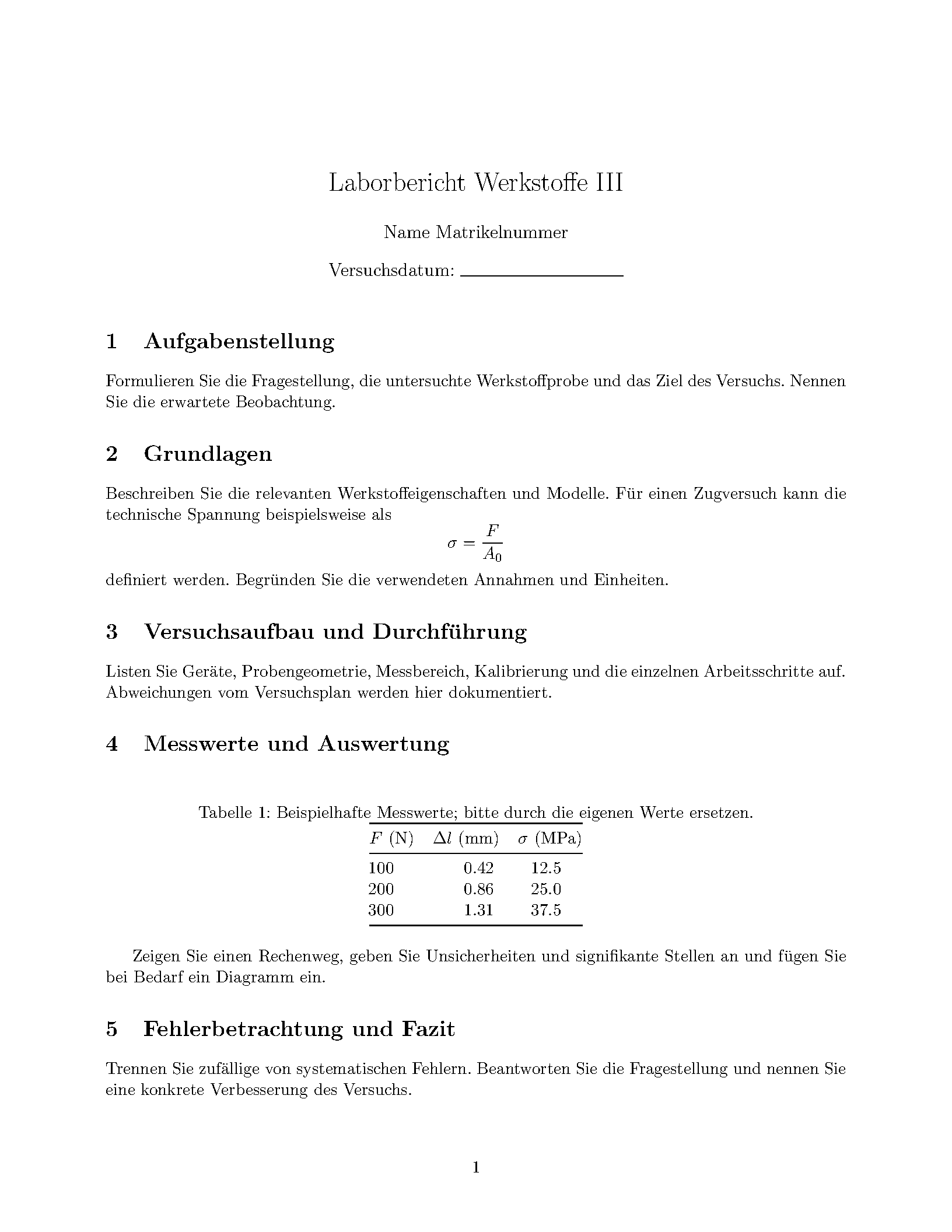 First page of the Laborbericht Werkstoffe III template