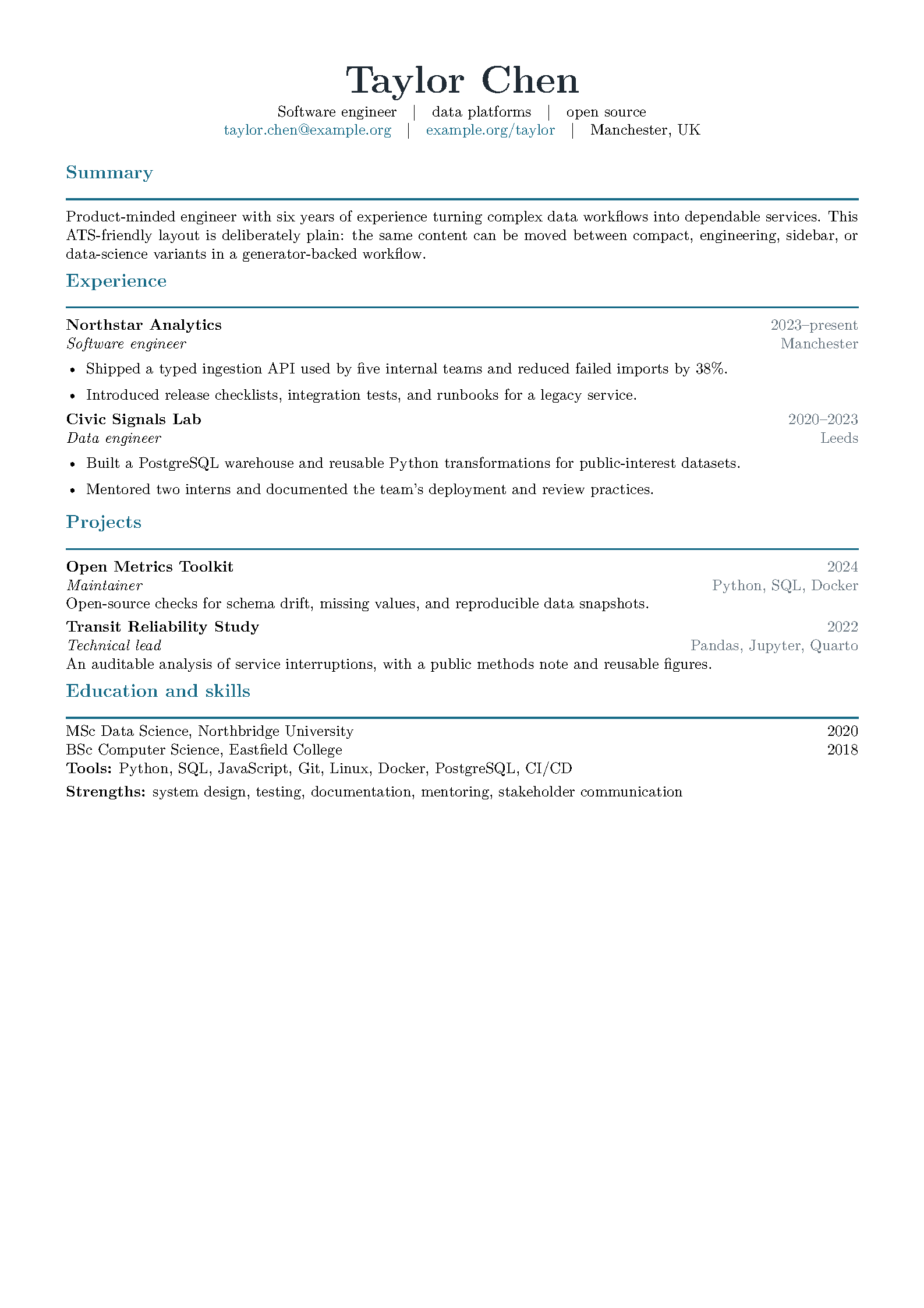 First page of LaTeX Resume Generator Starter