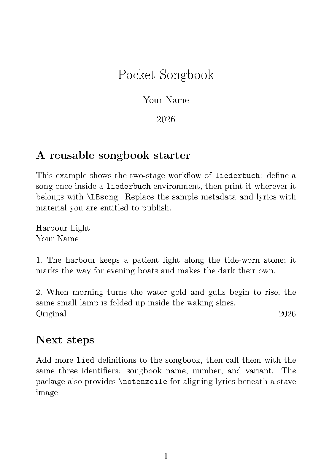 First page of the Liederbuch Songbook template