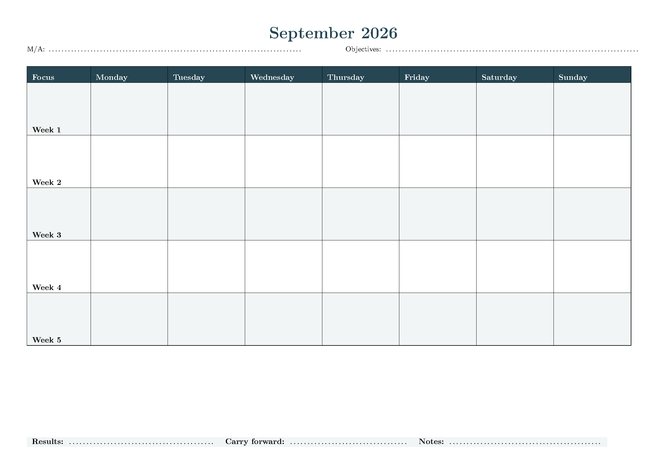 First page of Month Planner