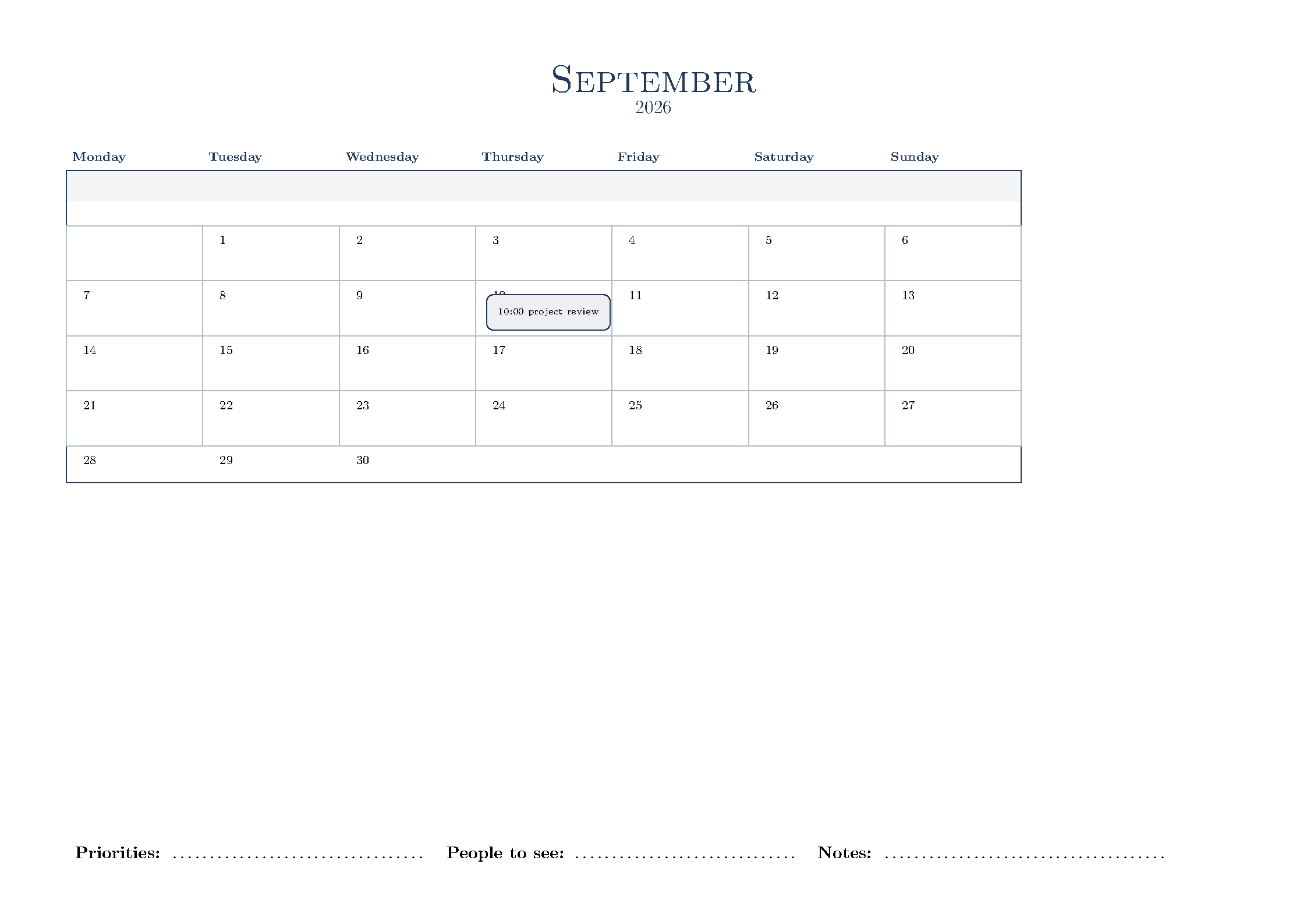 First page of Monthly Calendar LaTeX Template