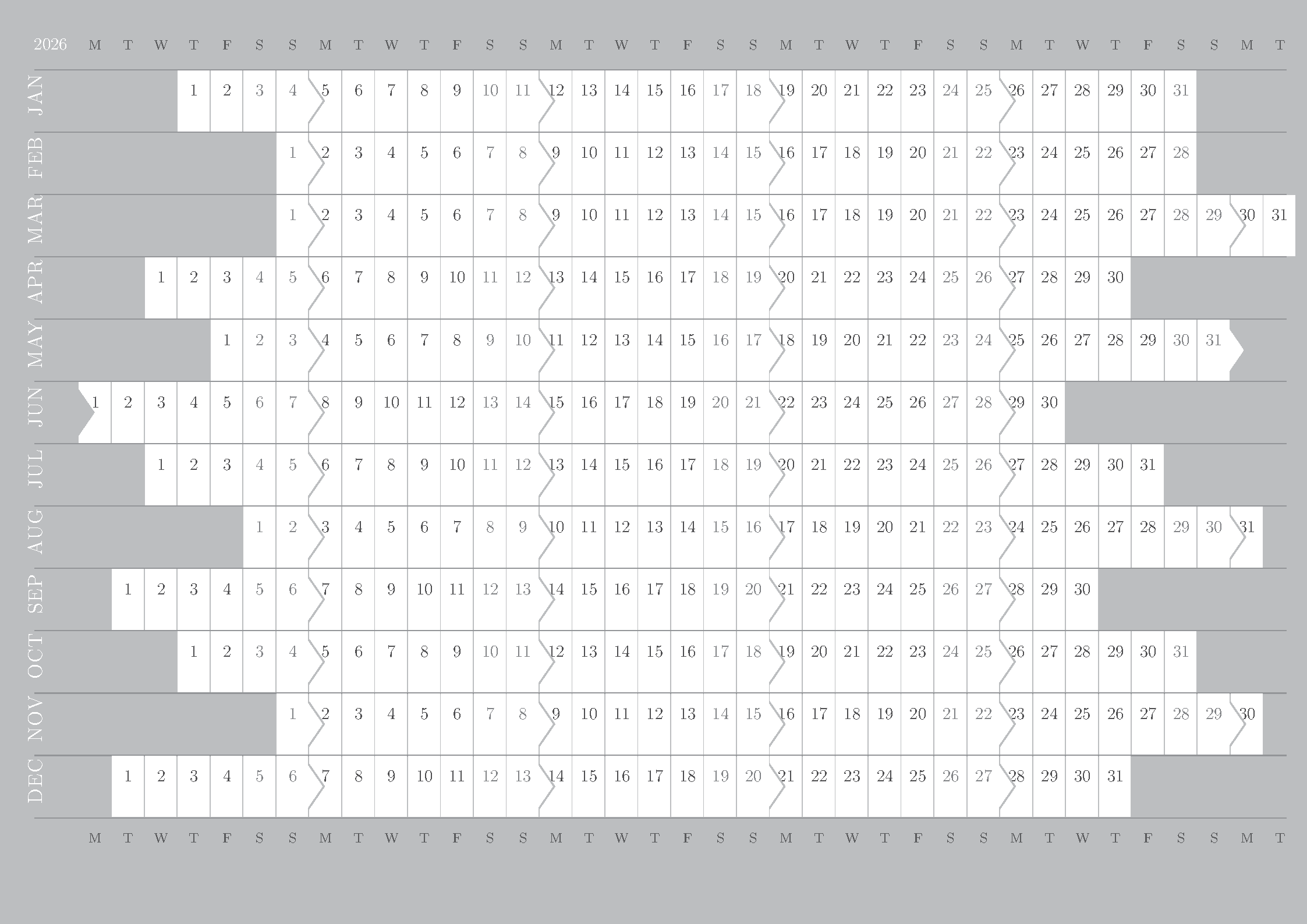 First page of the compiled Monthly Calendar template