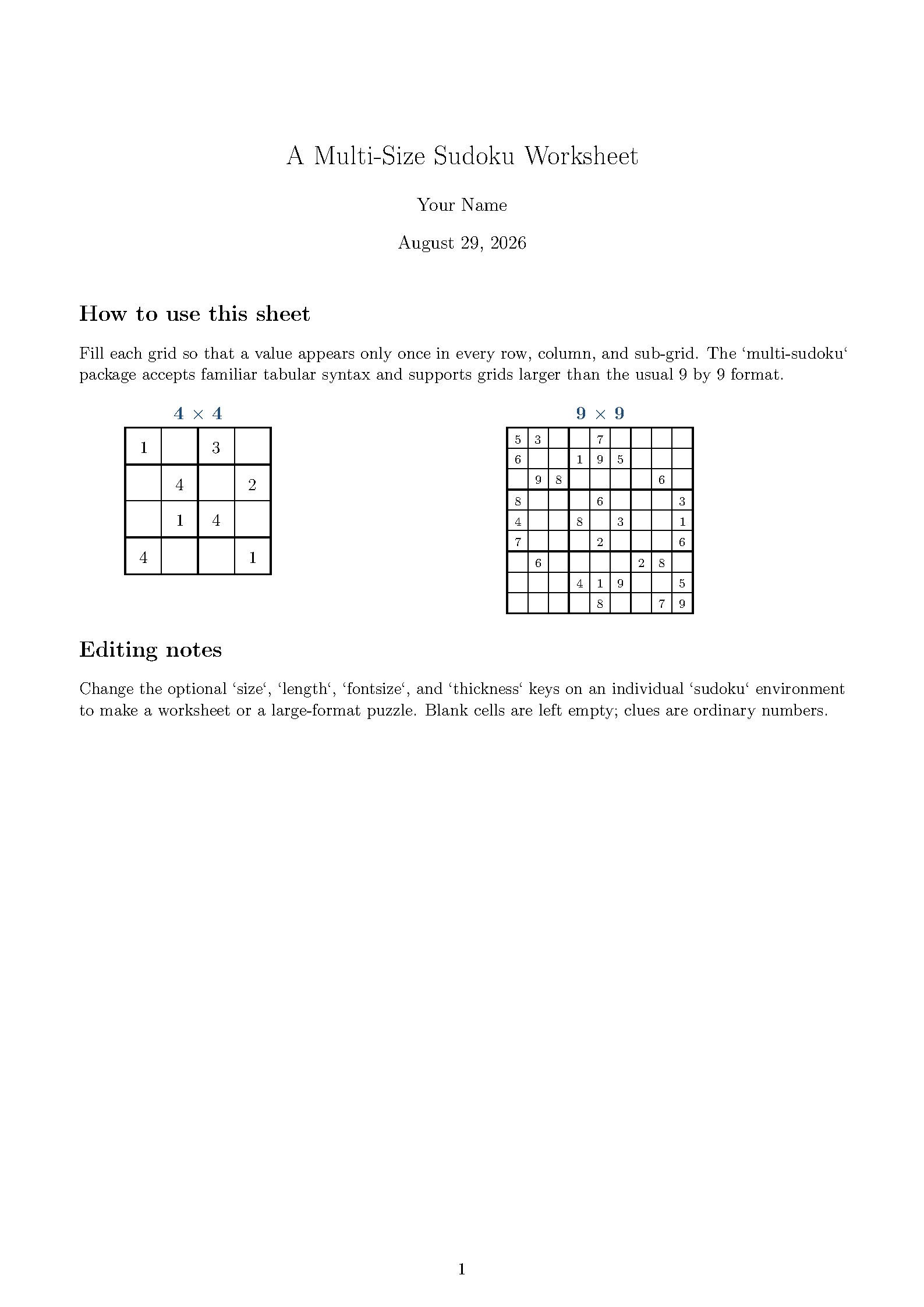 First page of the Multi-Size Sudoku template