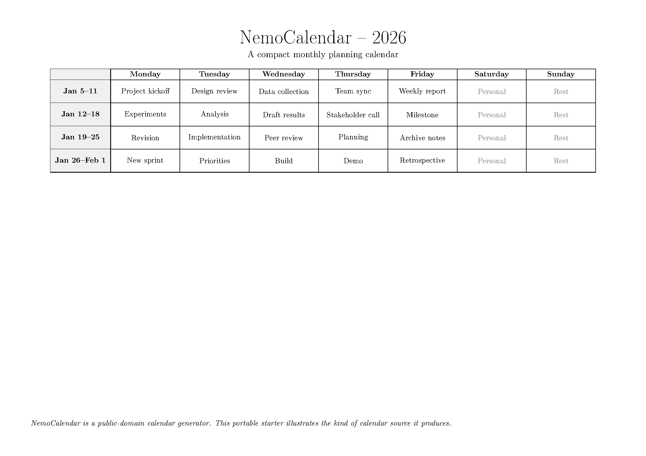 First page of NemoCalendar