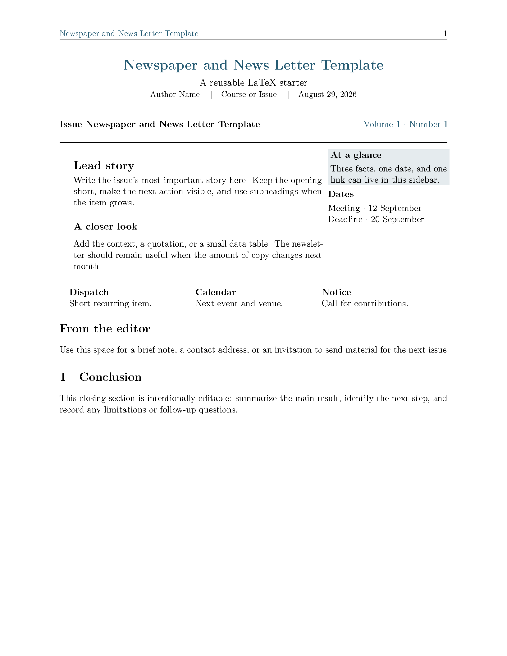 First page of Newspaper and News Letter Template