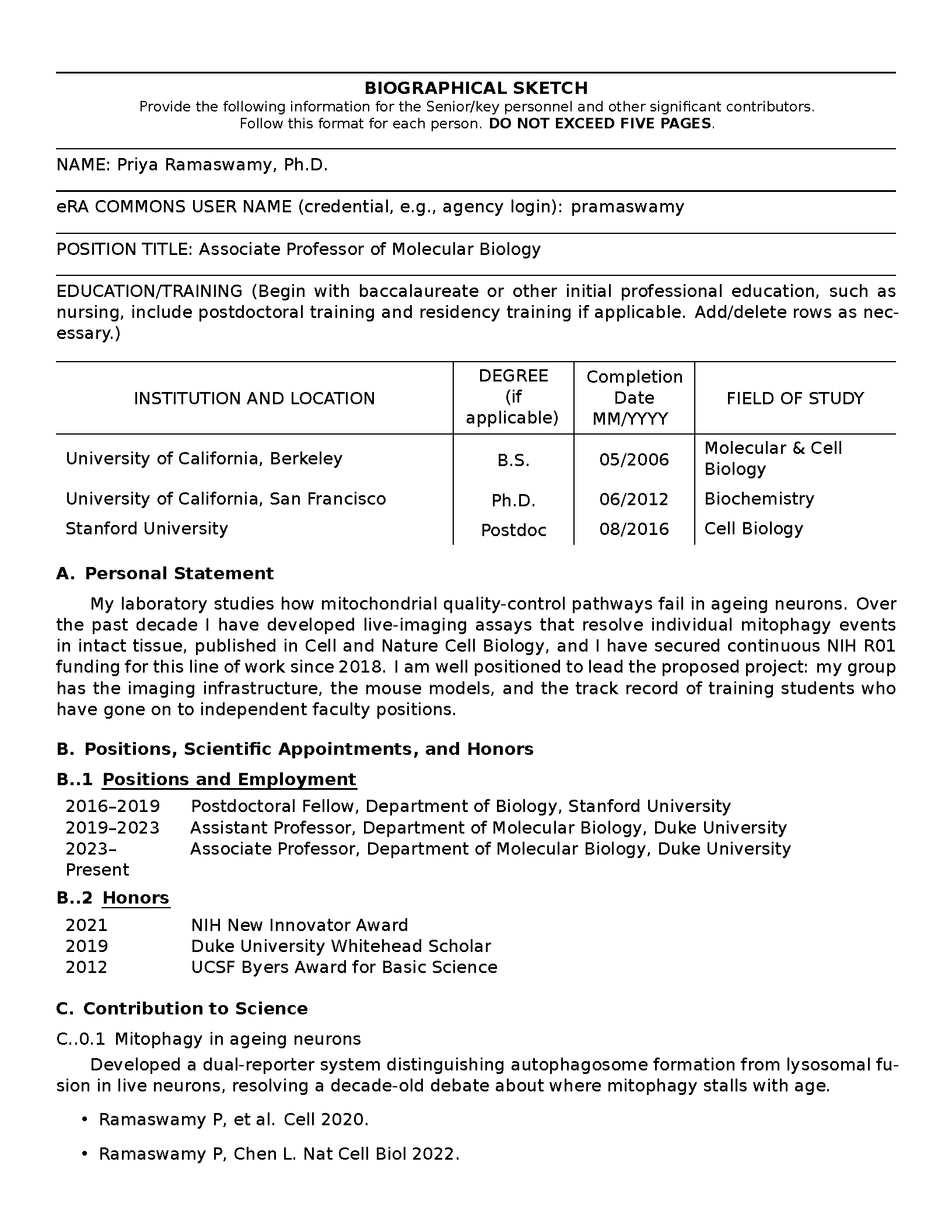 First page of NIH Biosketch