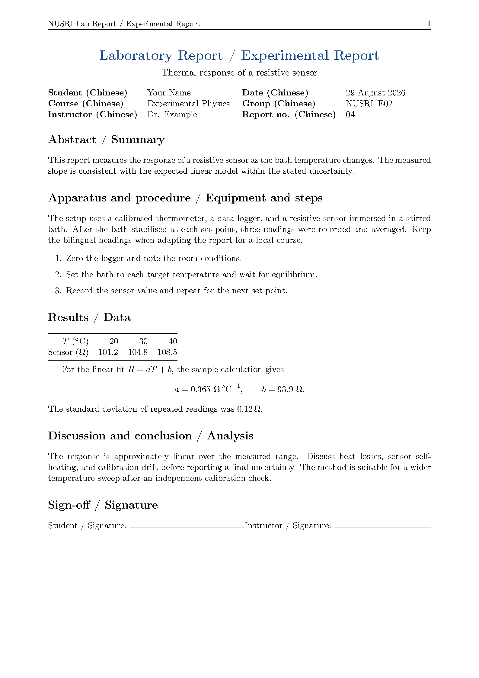First page of NUSRI Chinese/English Lab Report