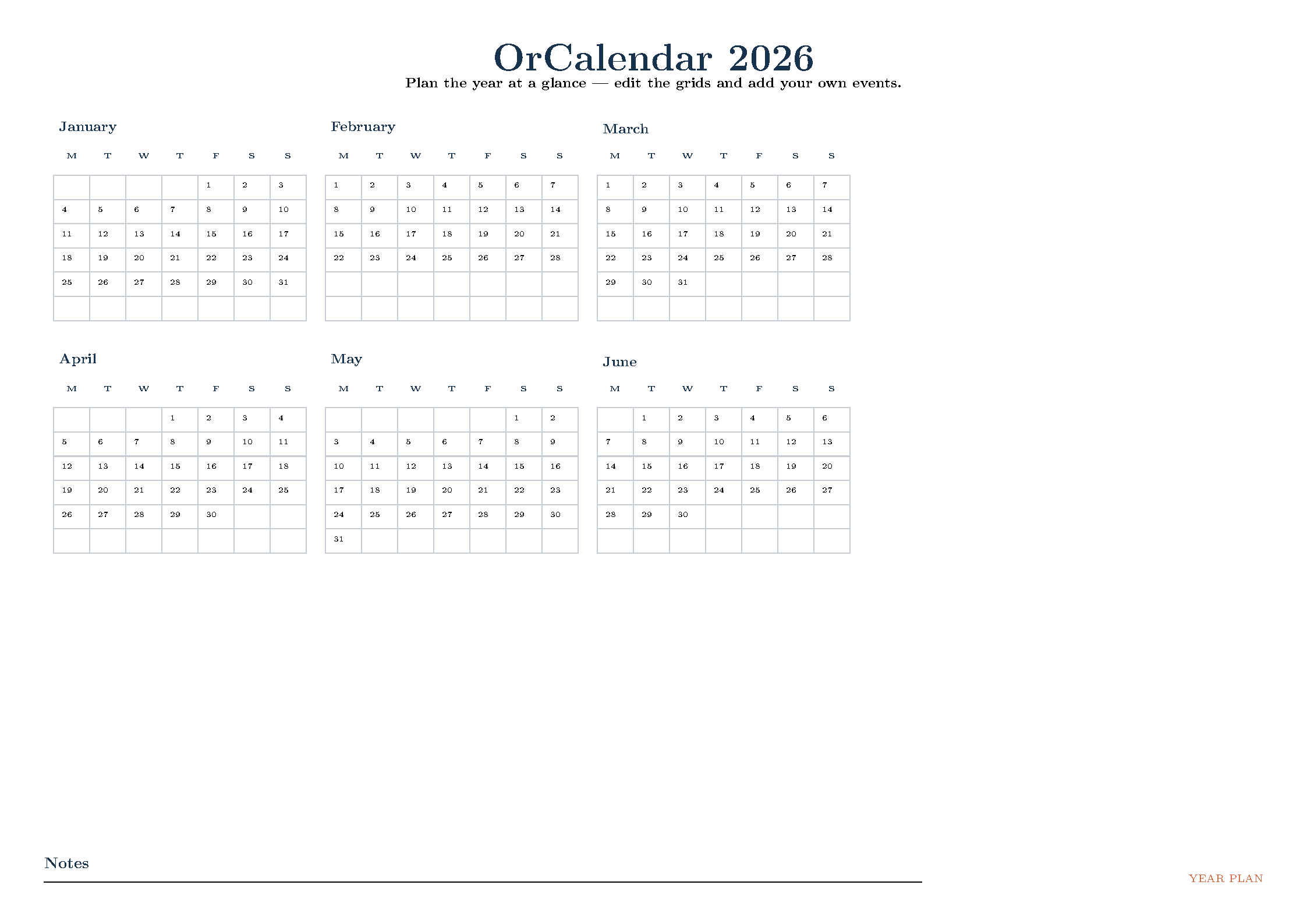 First page of OrCalendar 2026