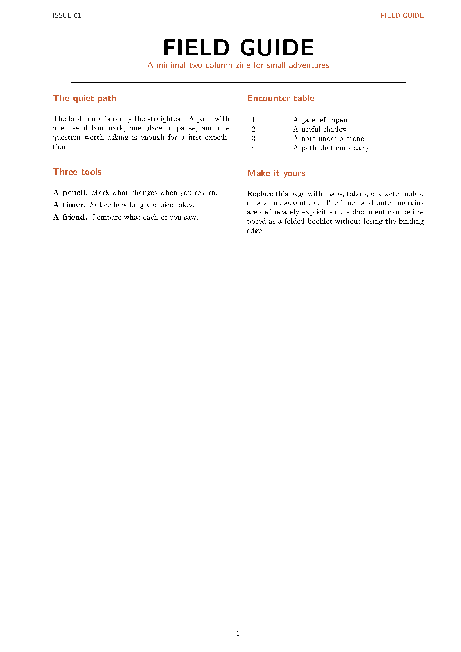 First page of Minimal RPG Zine Template
